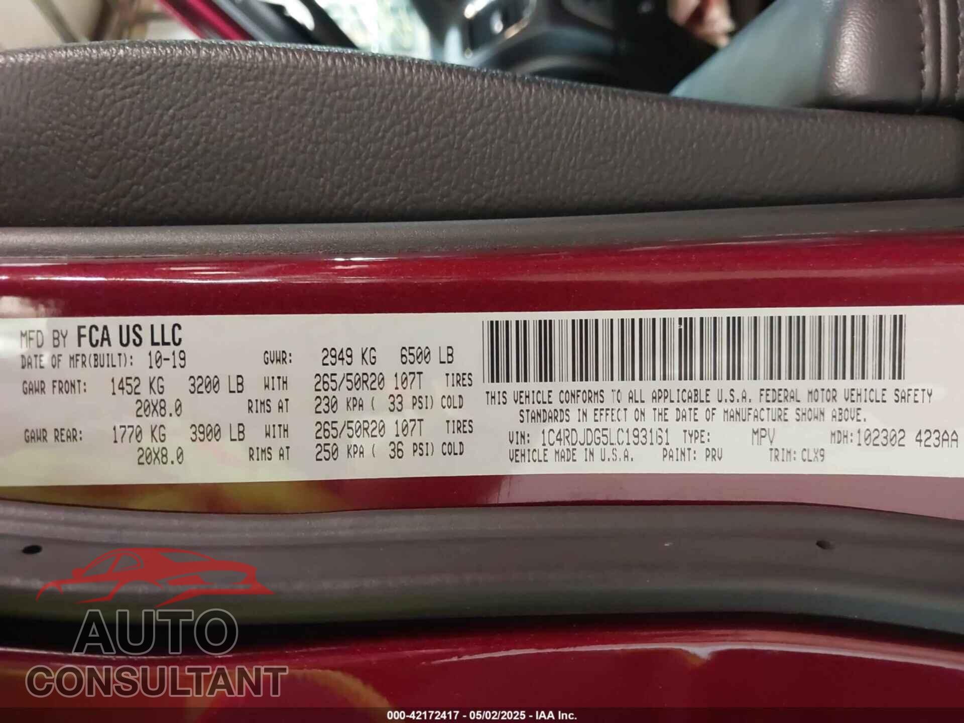 DODGE DURANGO 2020 - 1C4RDJDG5LC193161