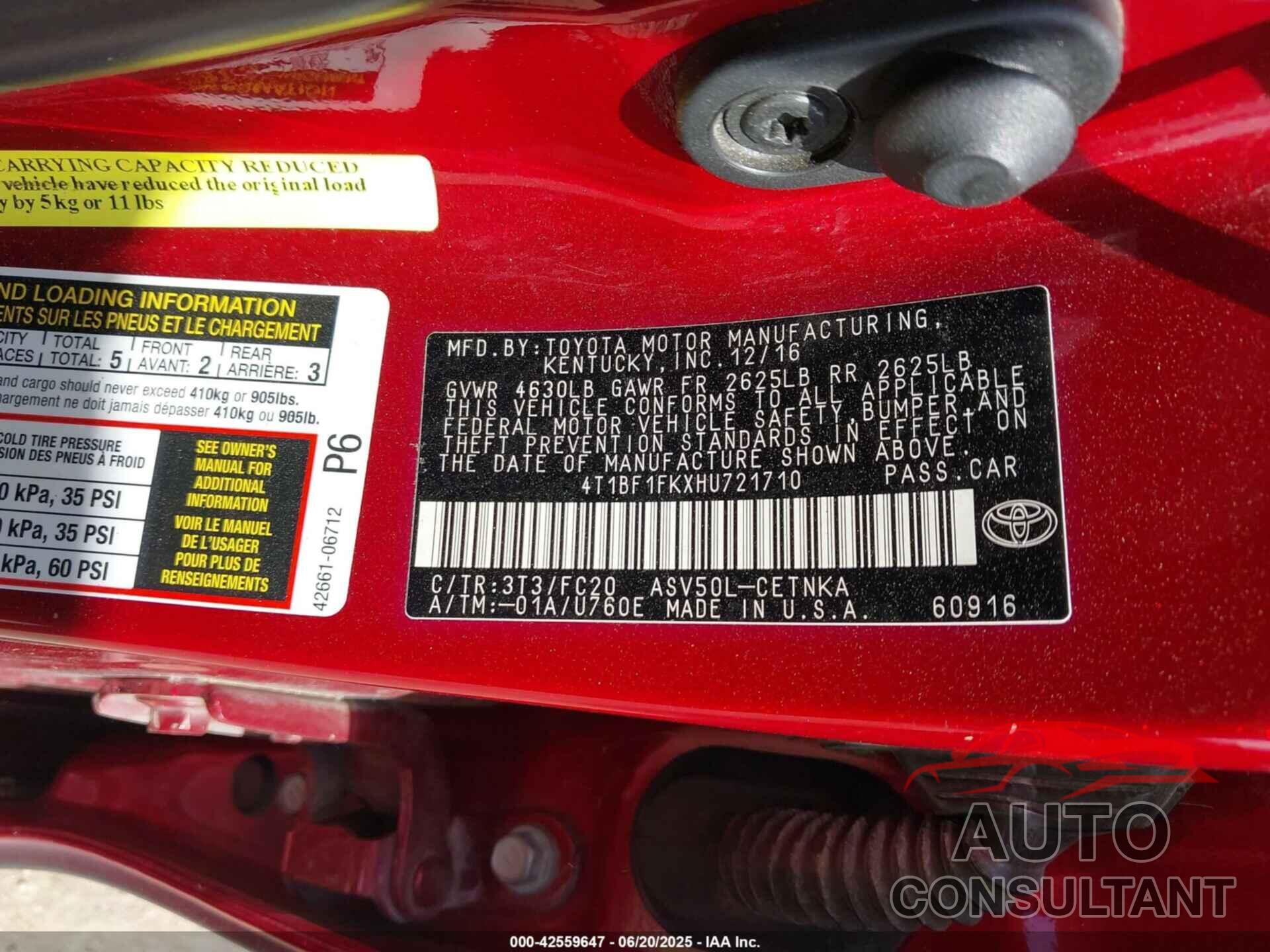 TOYOTA CAMRY 2017 - 4T1BF1FKXHU721710