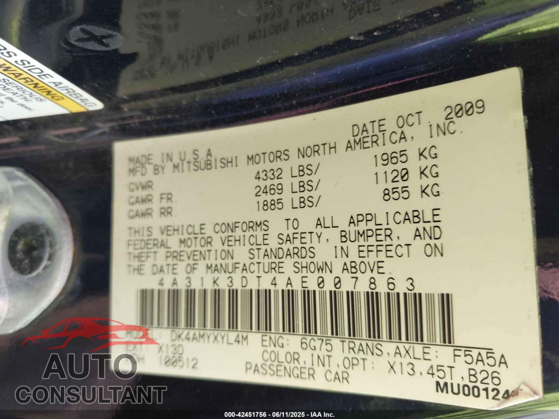 MITSUBISHI ECLIPSE 2010 - 4A31K3DT4AE007863