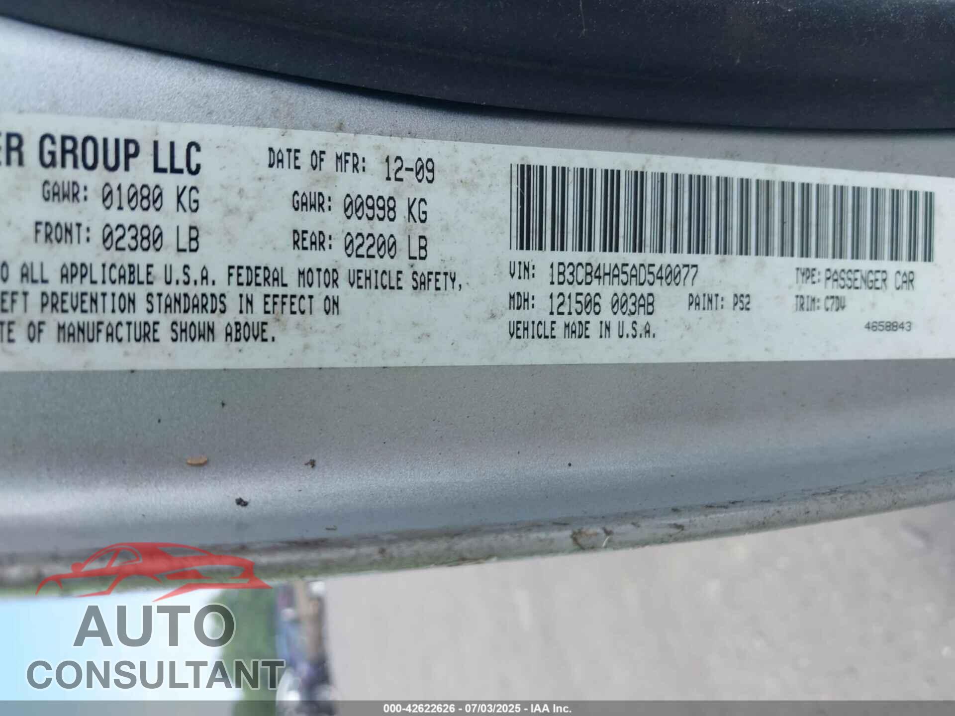 DODGE CALIBER 2010 - 1B3CB4HA5AD540077
