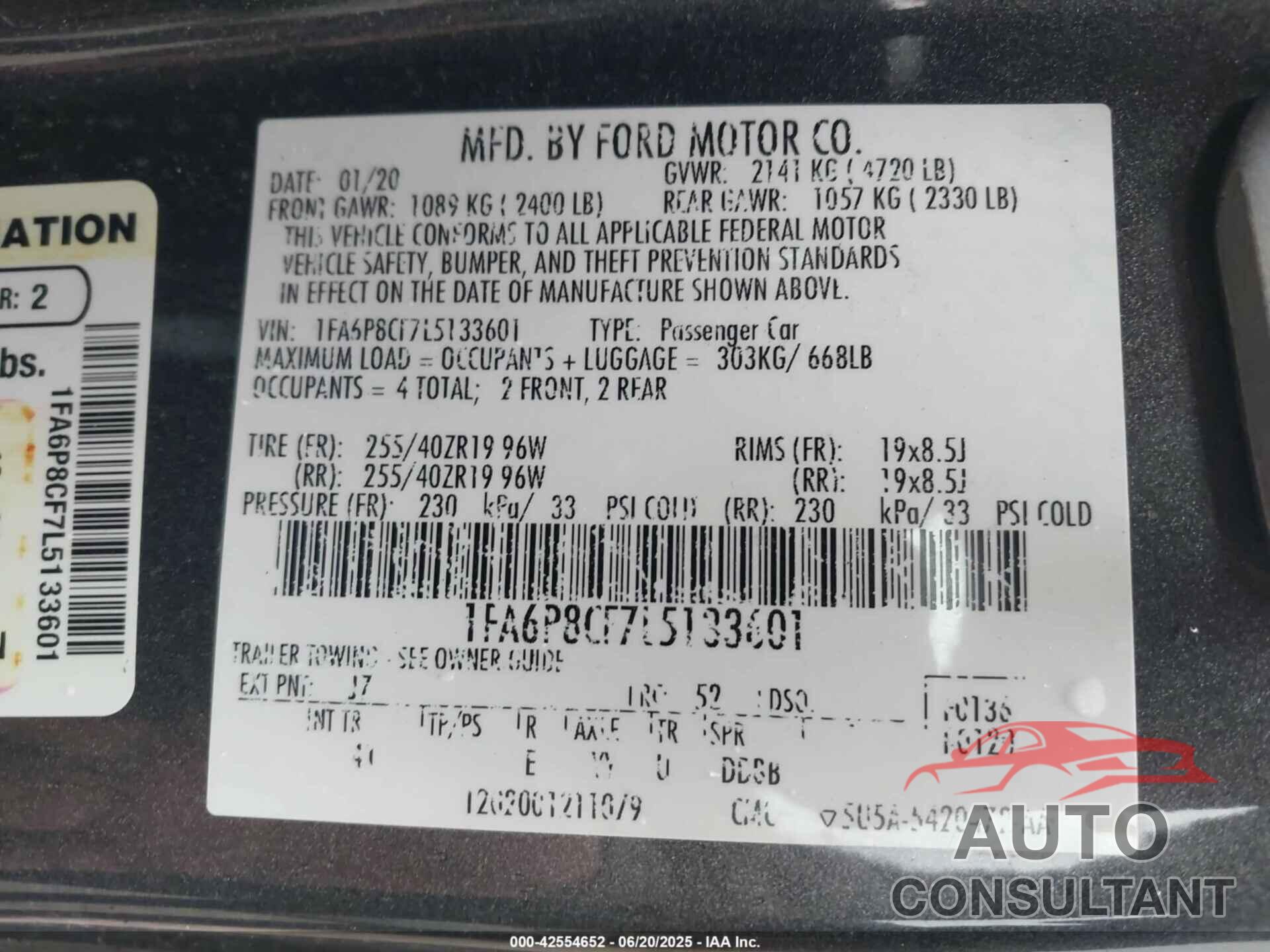 FORD MUSTANG 2020 - 1FA6P8CF7L5133601