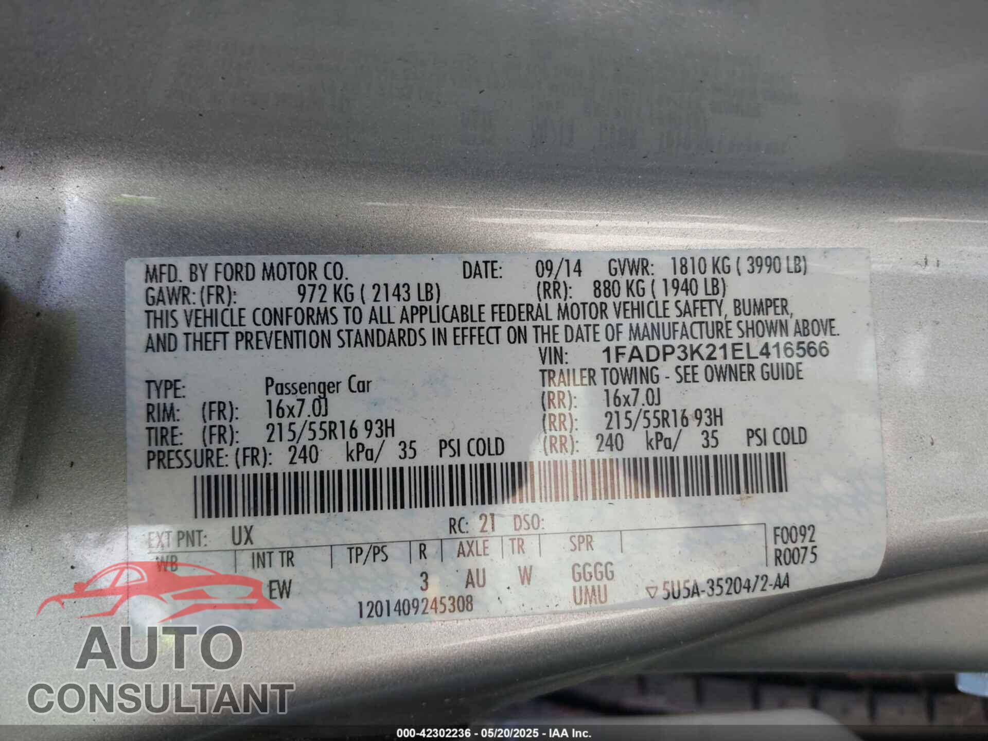 FORD FOCUS 2014 - 1FADP3K21EL416566
