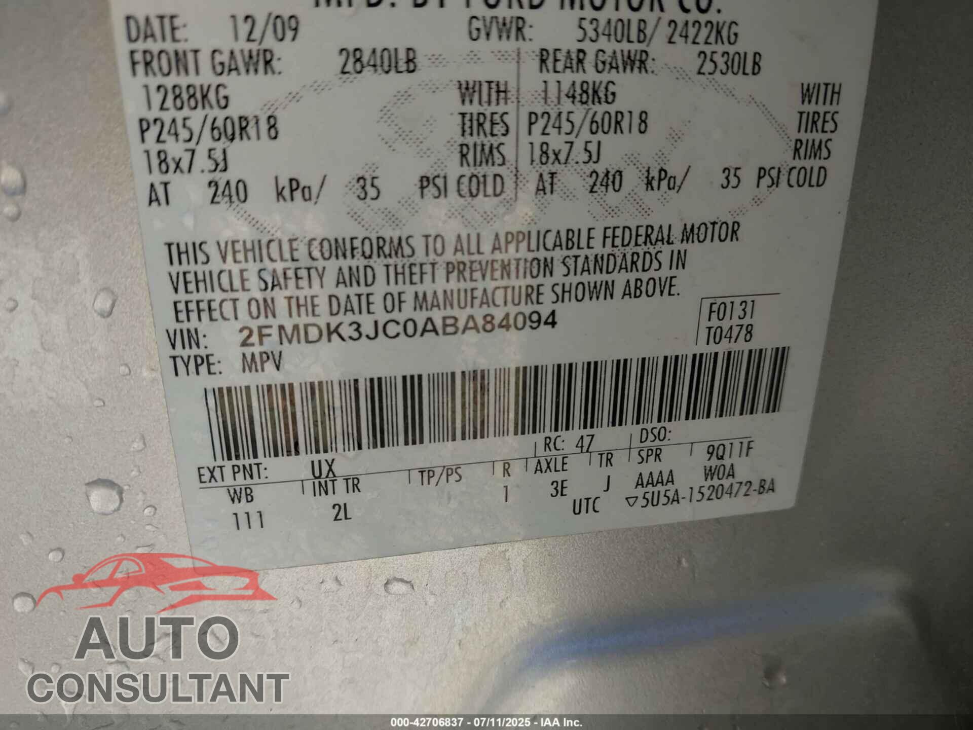 FORD EDGE 2010 - 2FMDK3JC0ABA84094