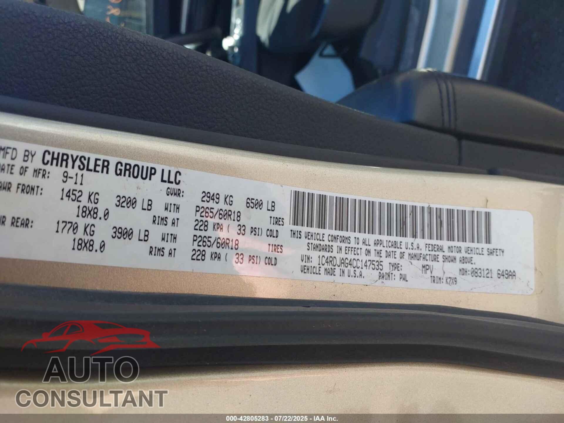 DODGE DURANGO 2012 - 1C4RDJAG4CC147535