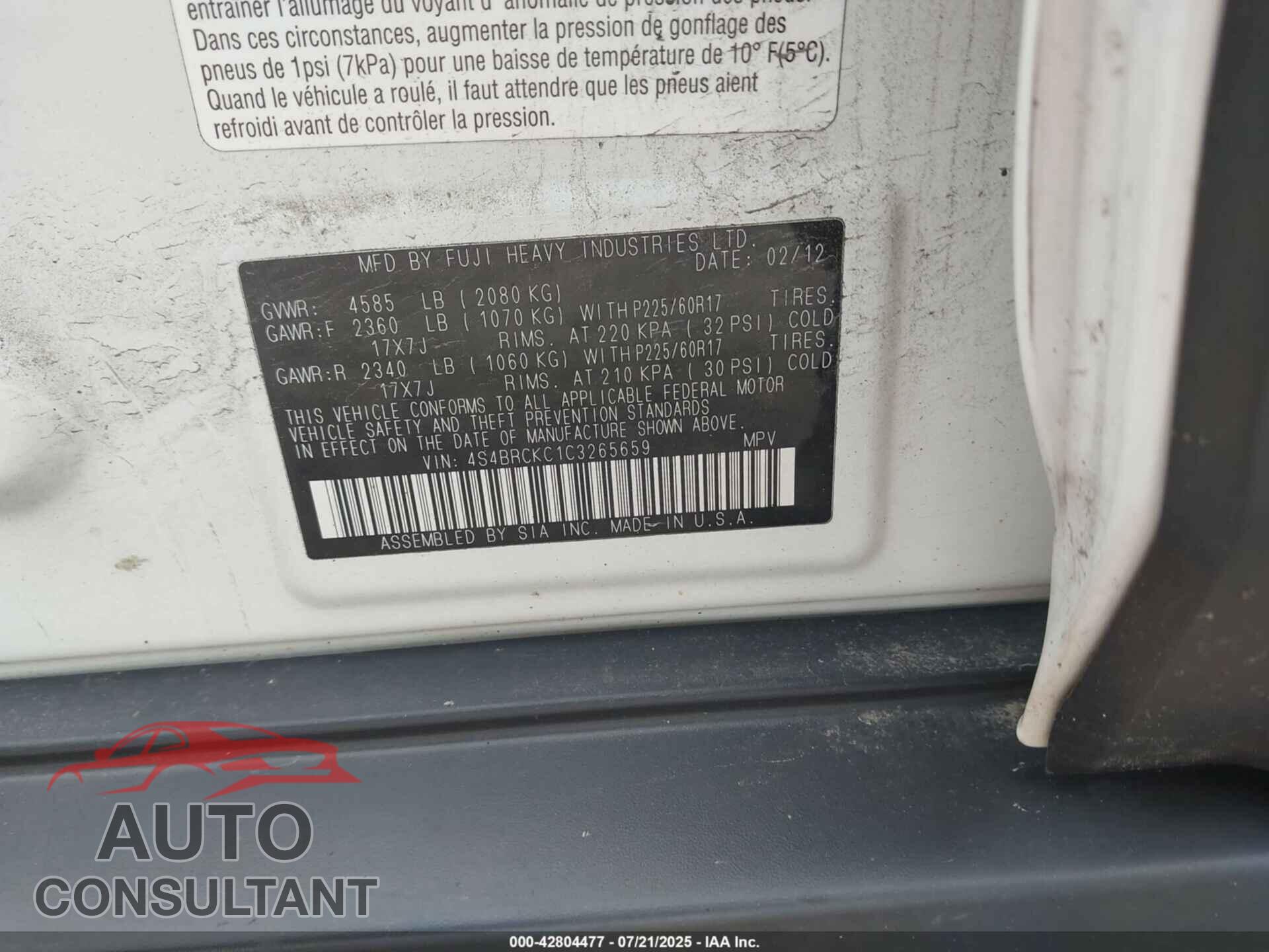 SUBARU OUTBACK 2012 - 4S4BRCKC1C3265659