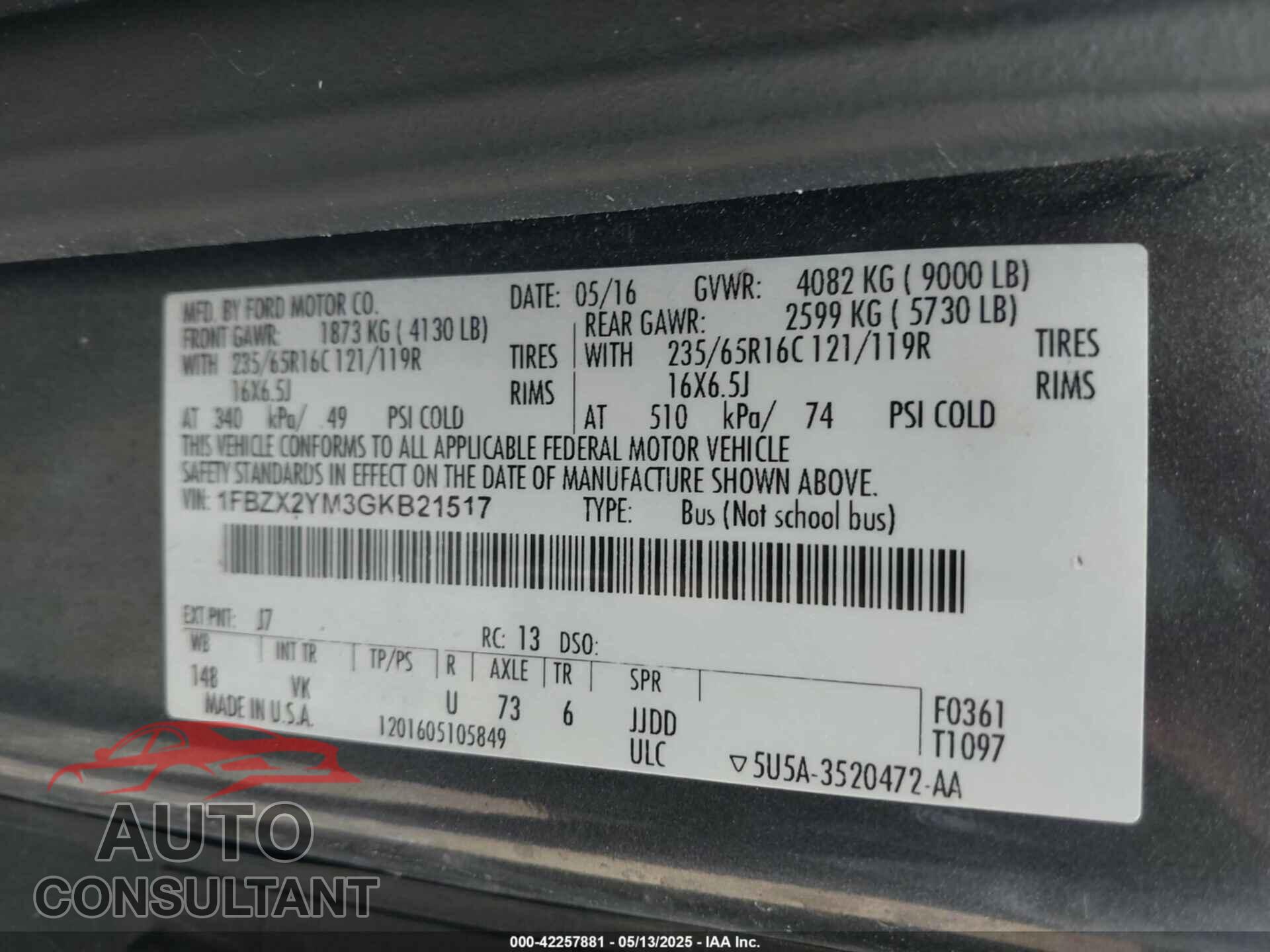FORD TRANSIT-350 2016 - 1FBZX2YM3GKB21517