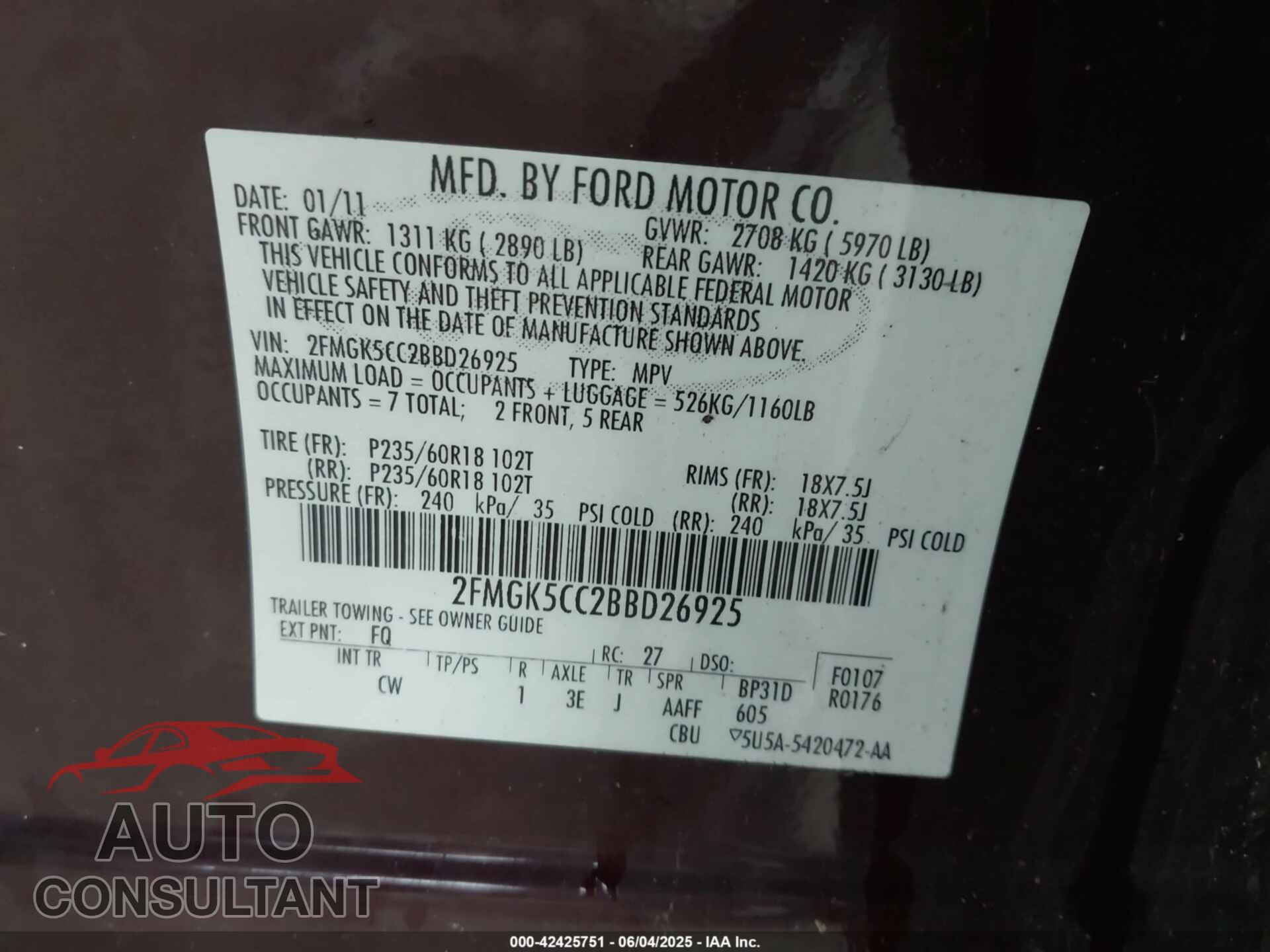 FORD FLEX 2011 - 2FMGK5CC2BBD26925