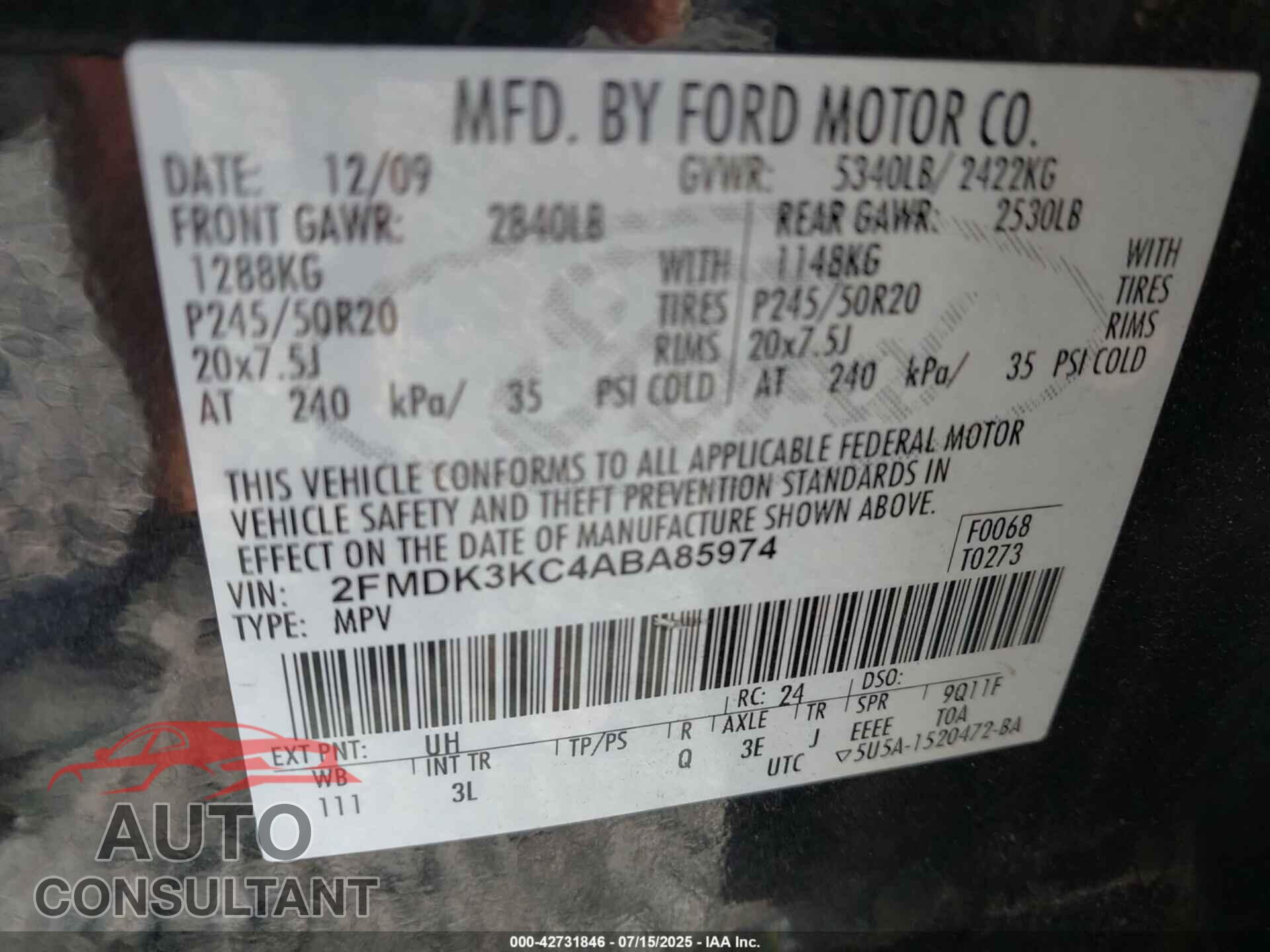 FORD EDGE 2010 - 2FMDK3KC4ABA85974