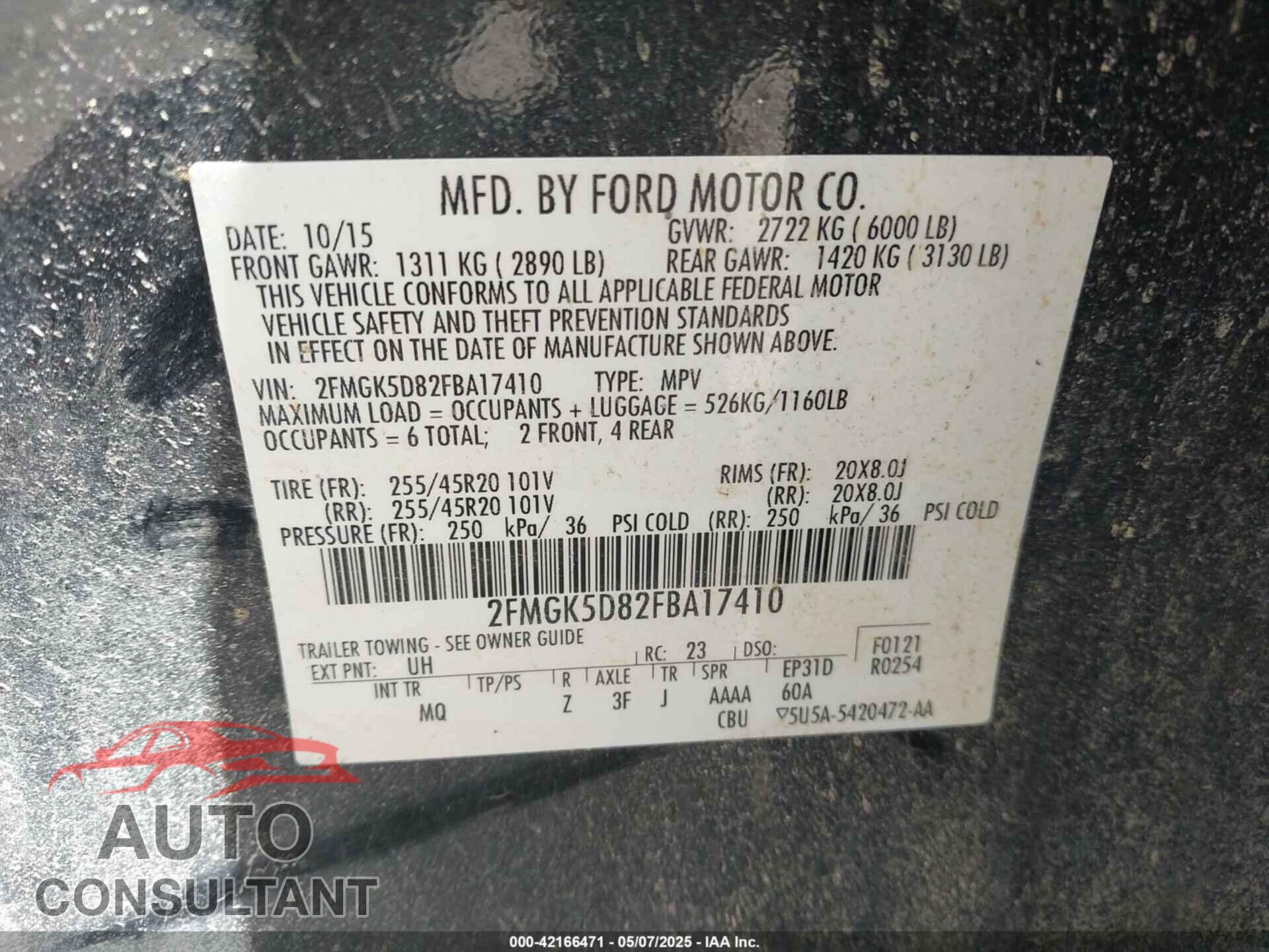 FORD FLEX 2015 - 2FMGK5D82FBA17410