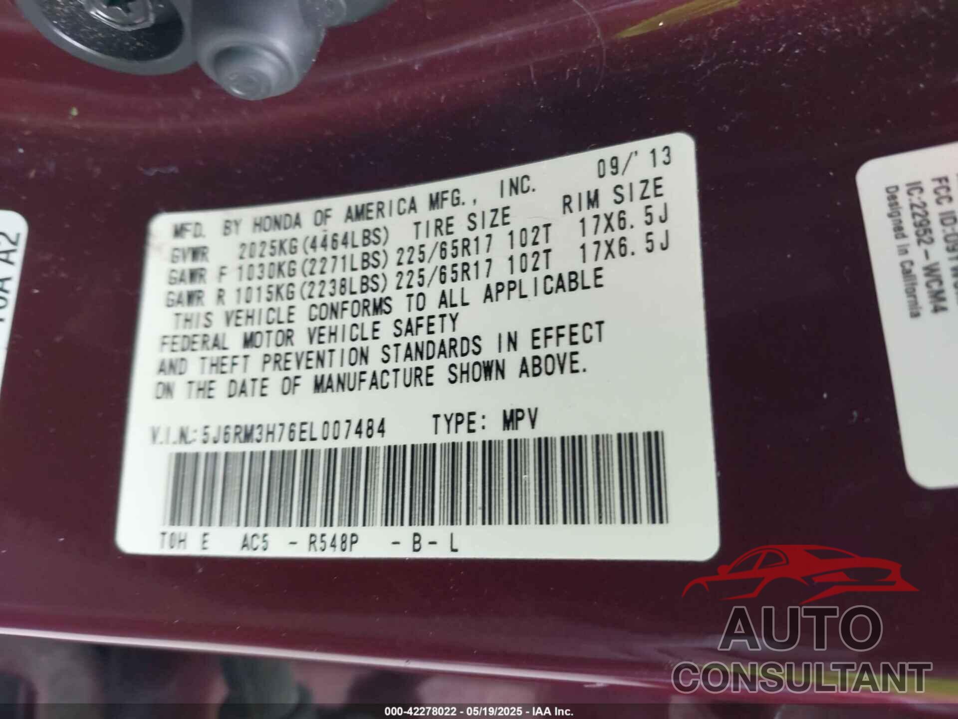HONDA CR-V 2014 - 5J6RM3H76EL007484