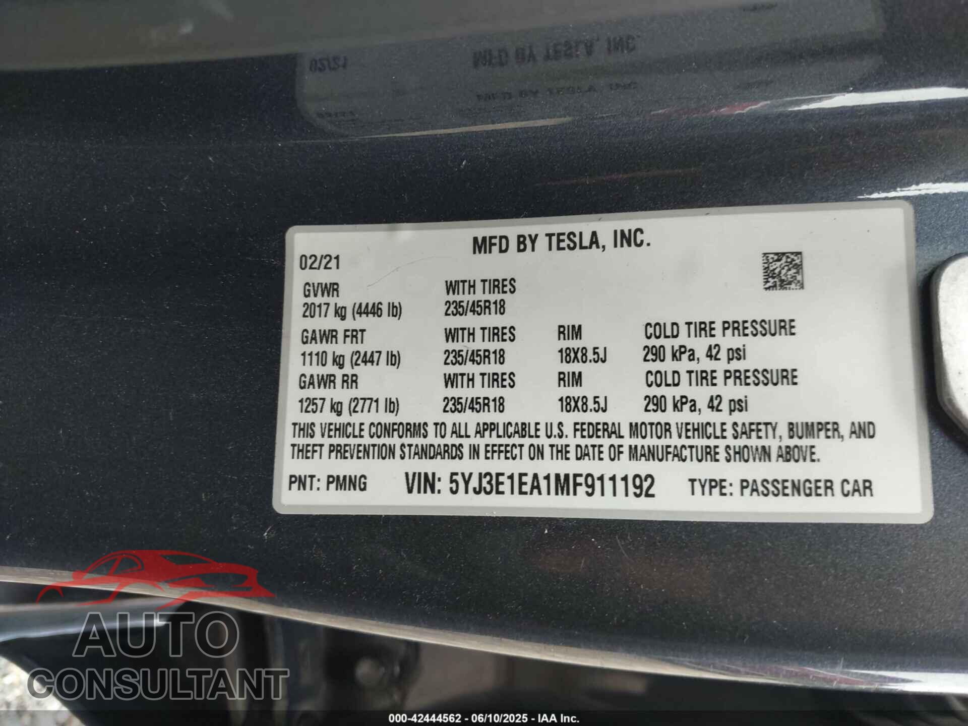 TESLA MODEL 3 2021 - 5YJ3E1EA1MF911192