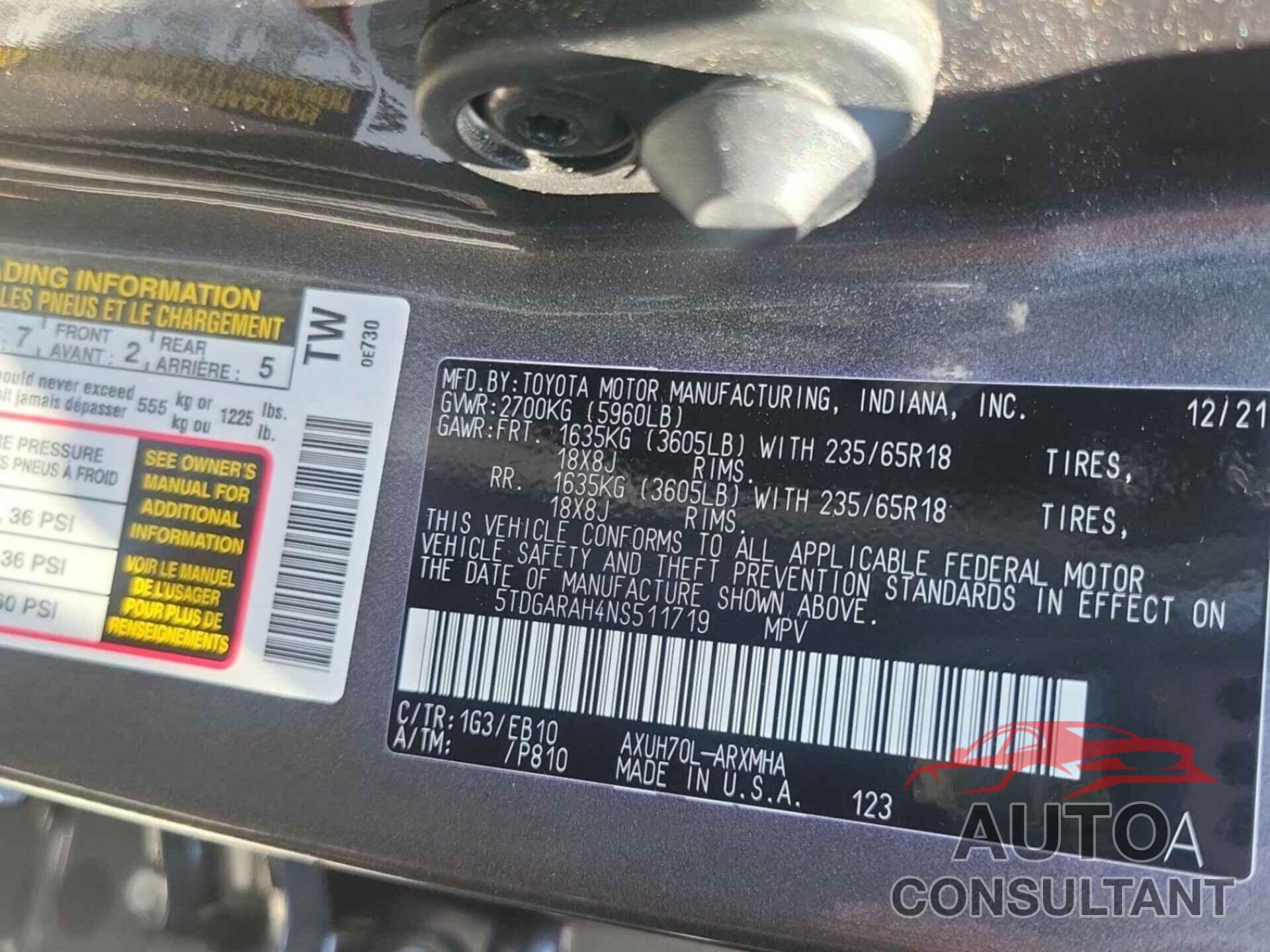 TOYOTA HIGHLANDER 2022 - 5TDGARAH4NS511719