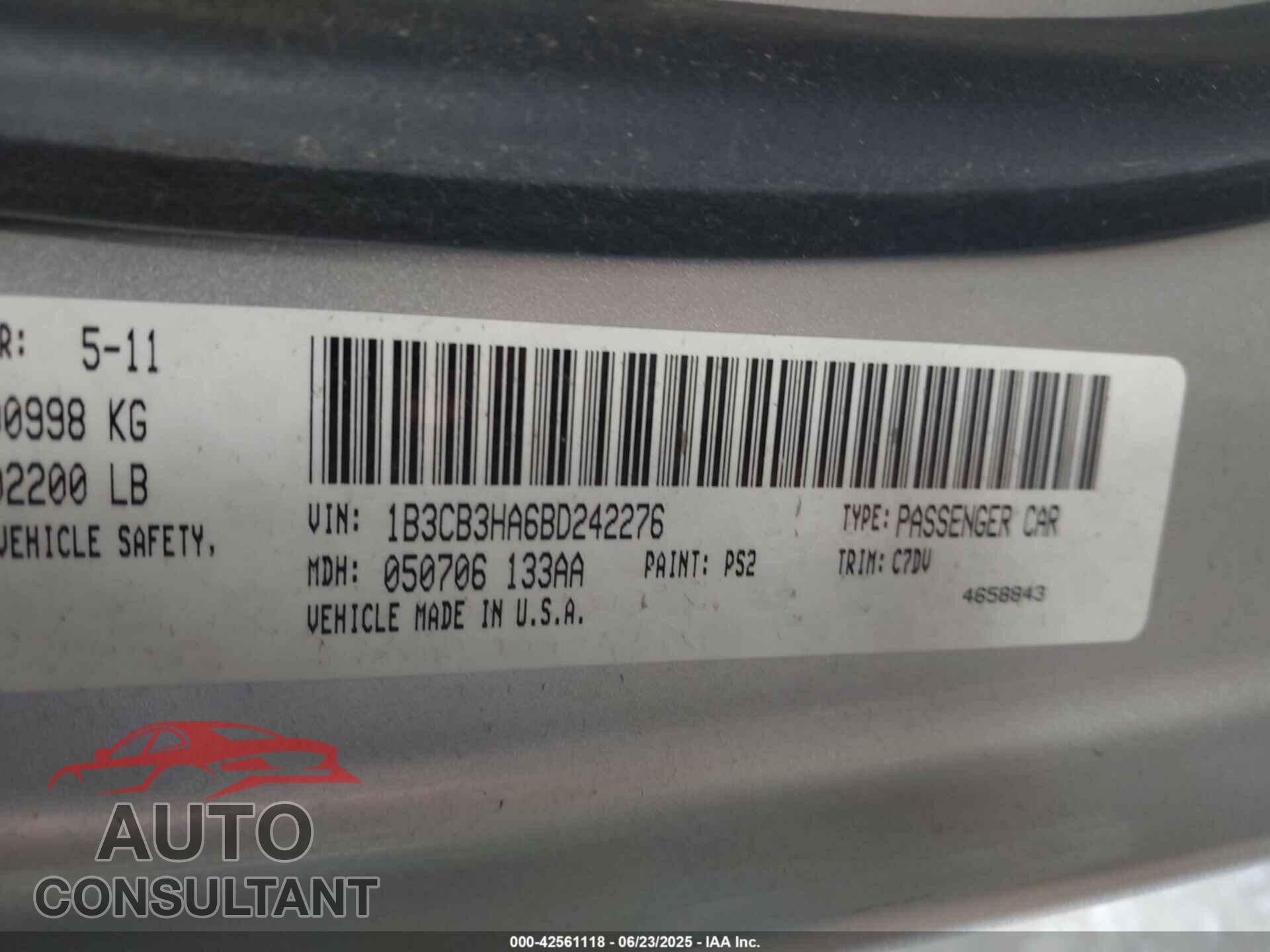DODGE CALIBER 2011 - 1B3CB3HA6BD242276