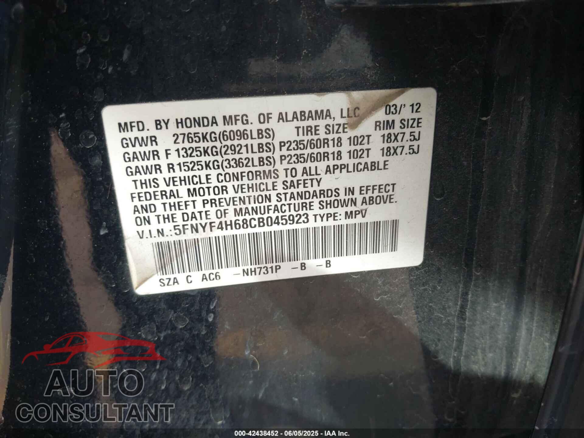 HONDA PILOT 2012 - 5FNYF4H68CB045923