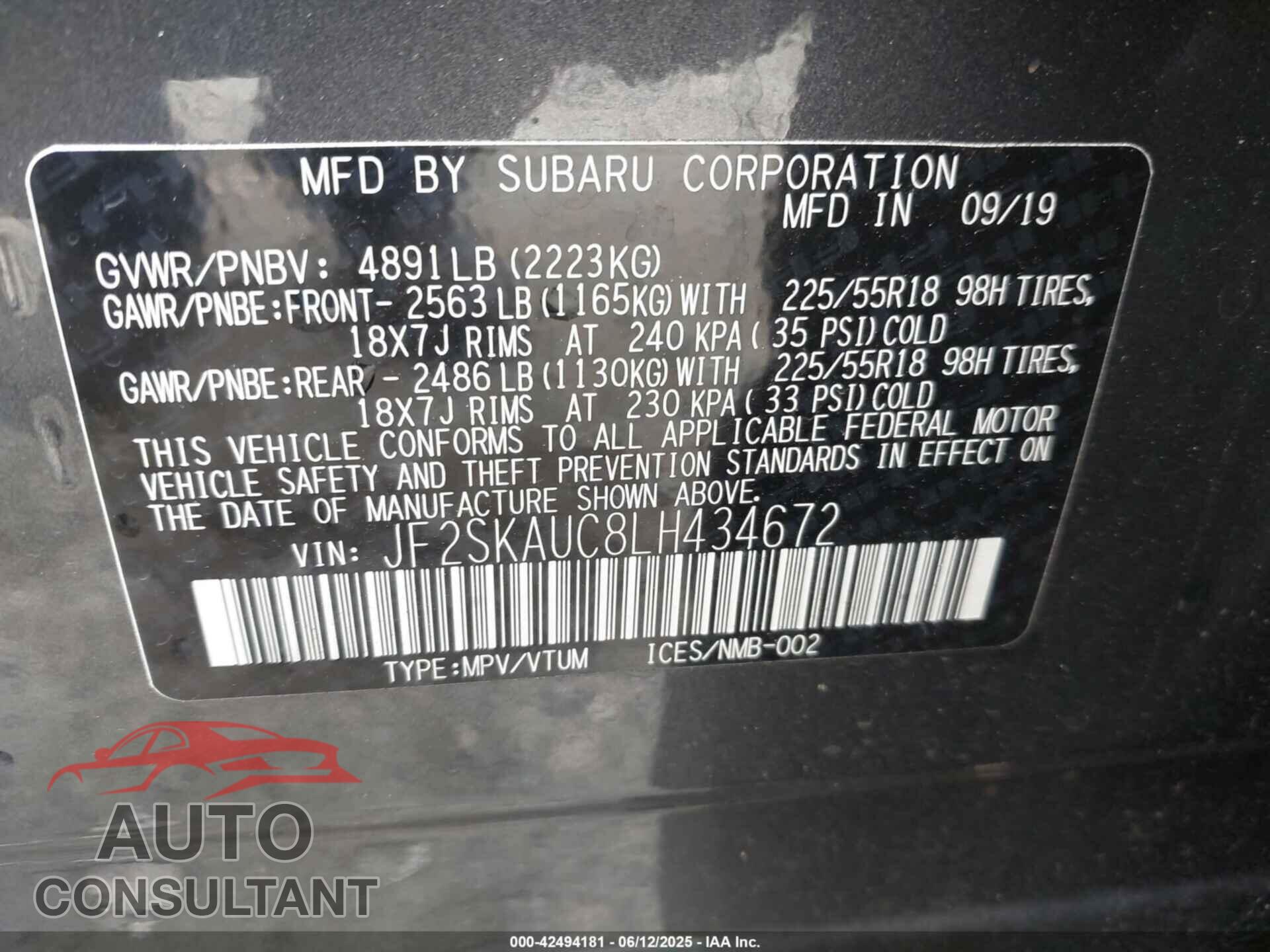 SUBARU FORESTER 2020 - JF2SKAUC8LH434672