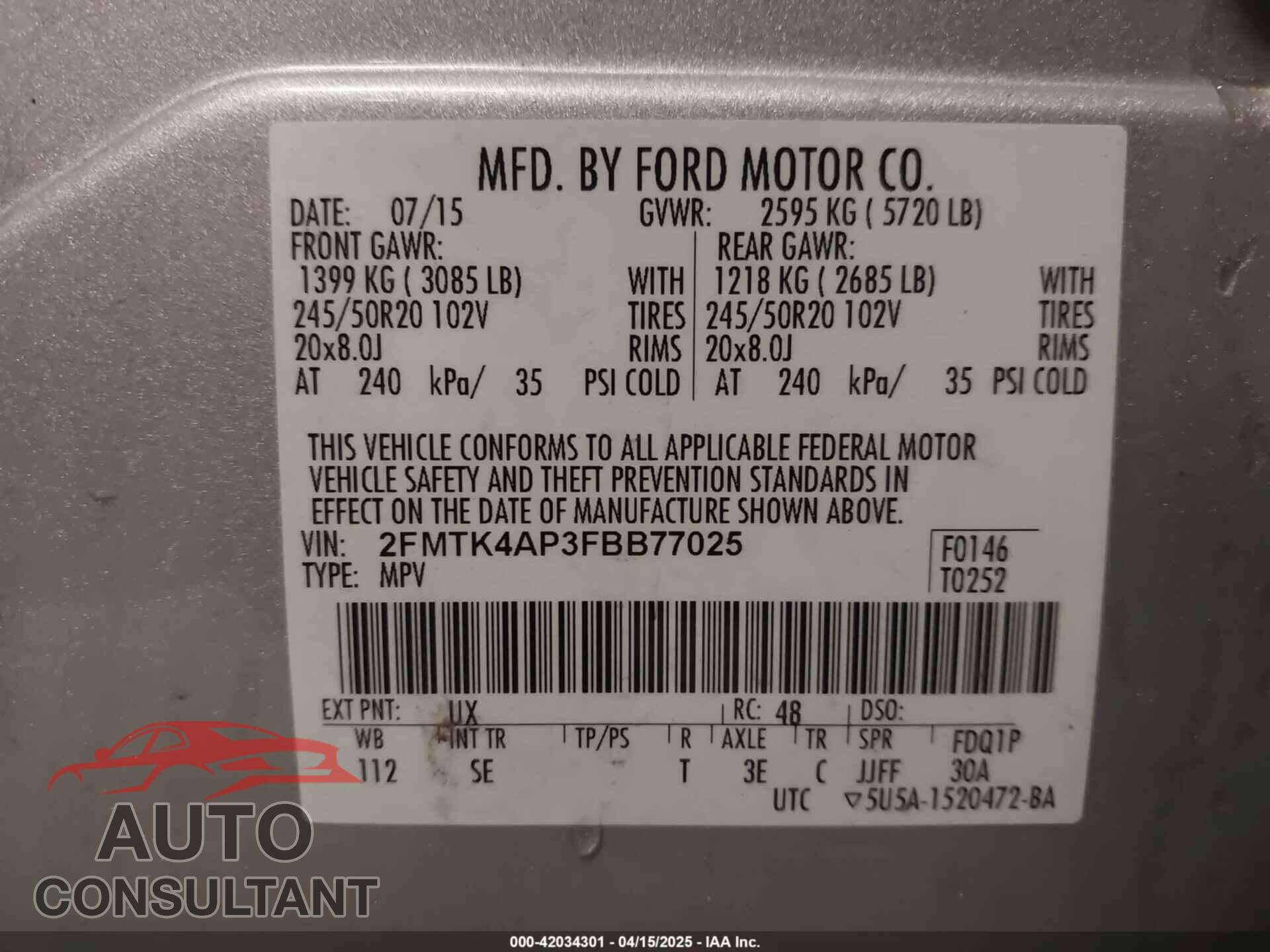 FORD EDGE 2015 - 2FMTK4AP3FBB77025