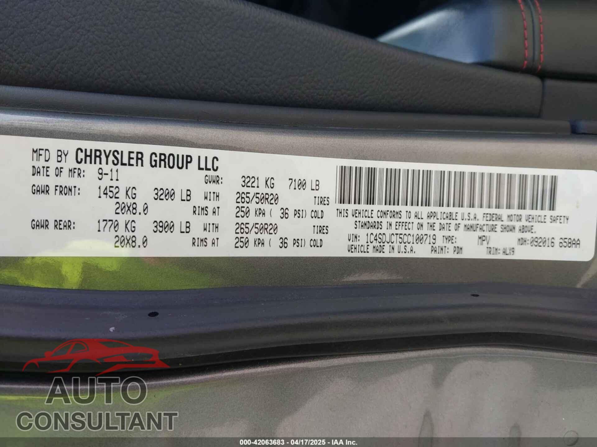 DODGE DURANGO 2012 - 1C4SDJCT5CC100719