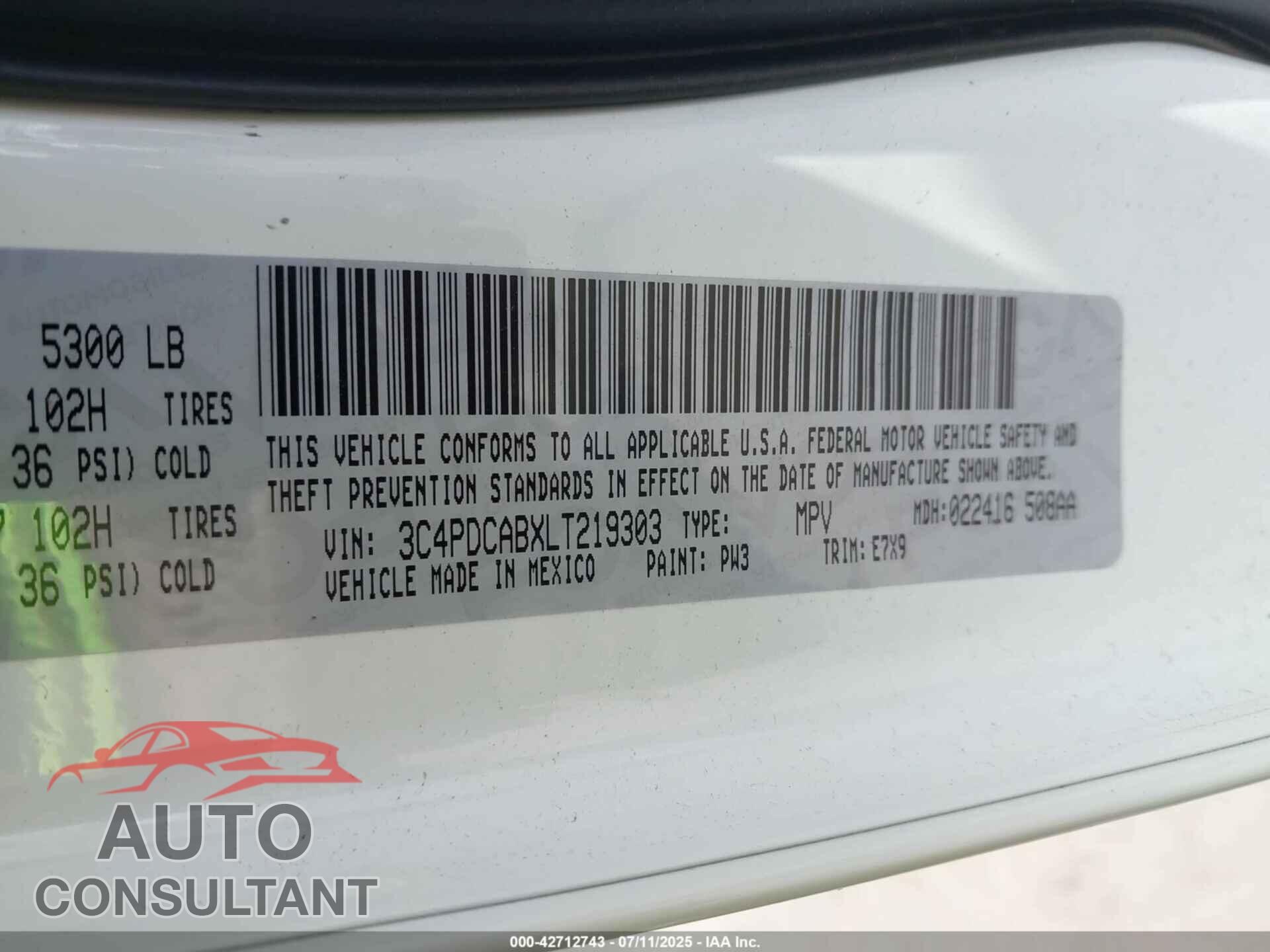 DODGE JOURNEY 2020 - 3C4PDCABXLT219303