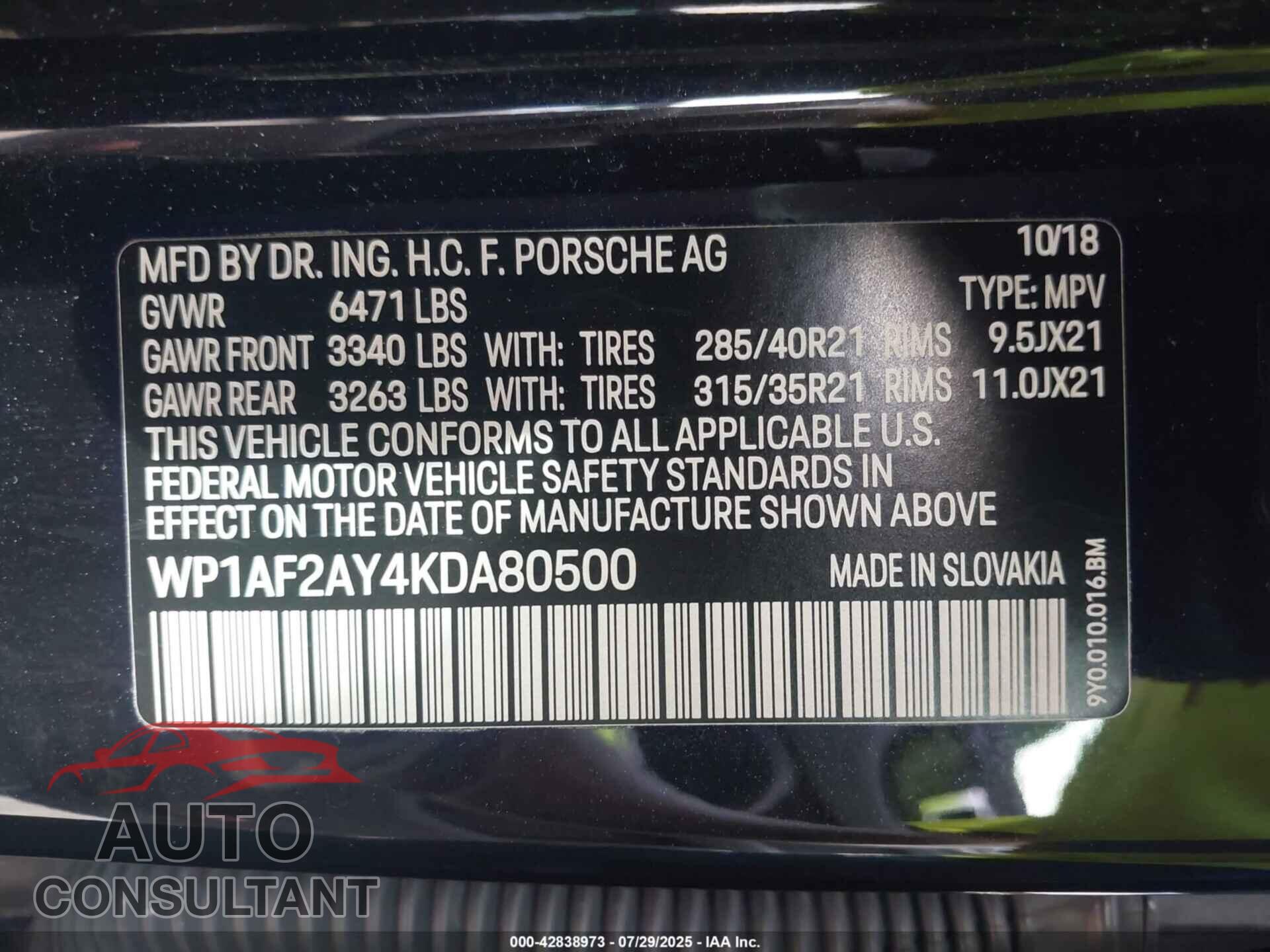 PORSCHE CAYENNE 2019 - WP1AF2AY4KDA80500