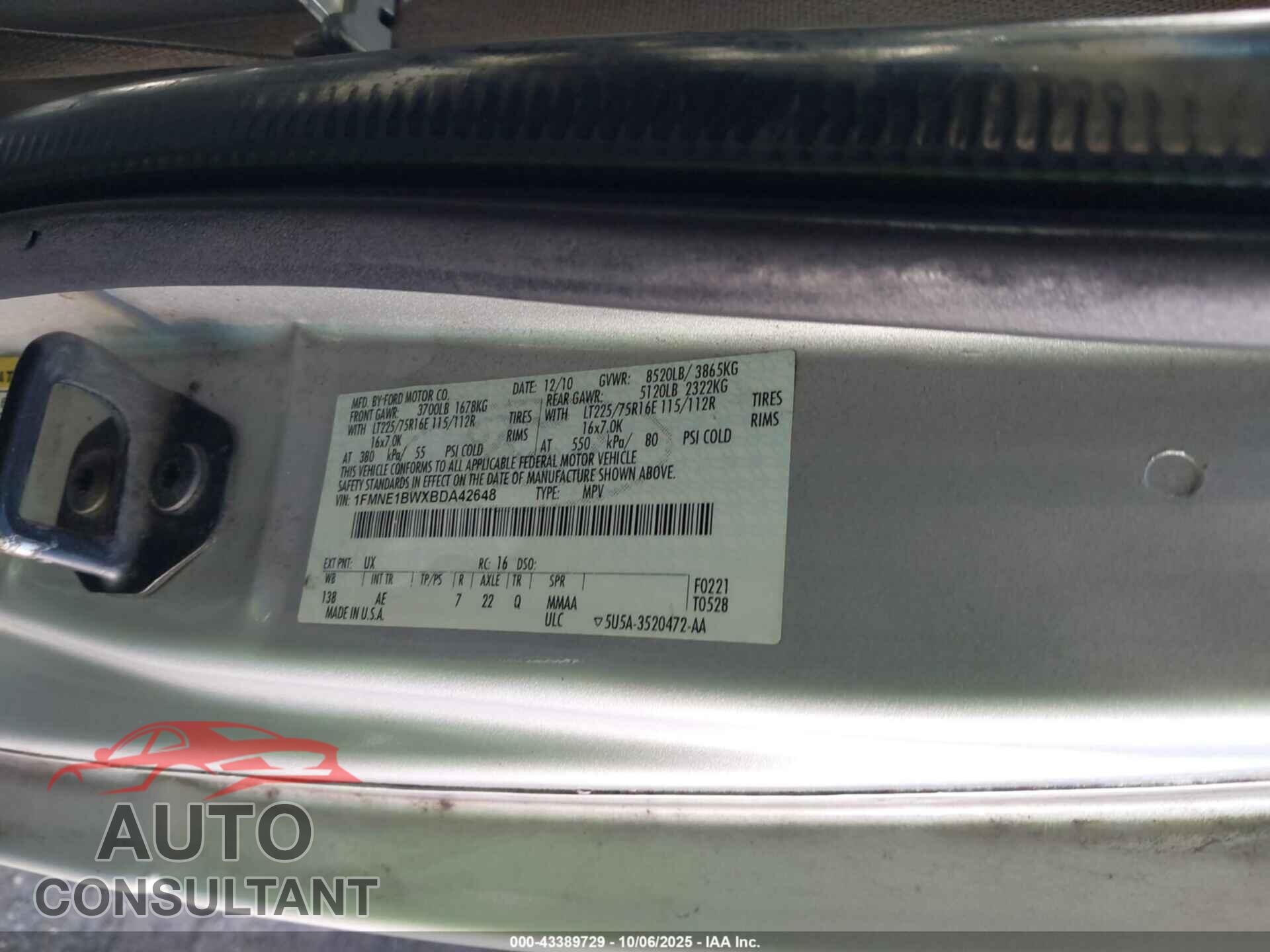 FORD E-150 2011 - 1FMNE1BWXBDA42648