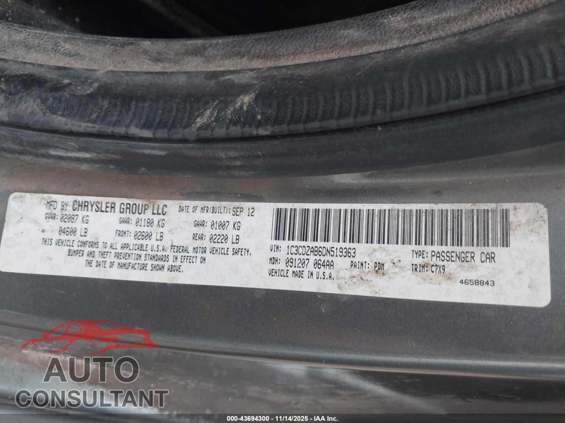 DODGE AVENGER 2013 - 1C3CDZAB6DN519363