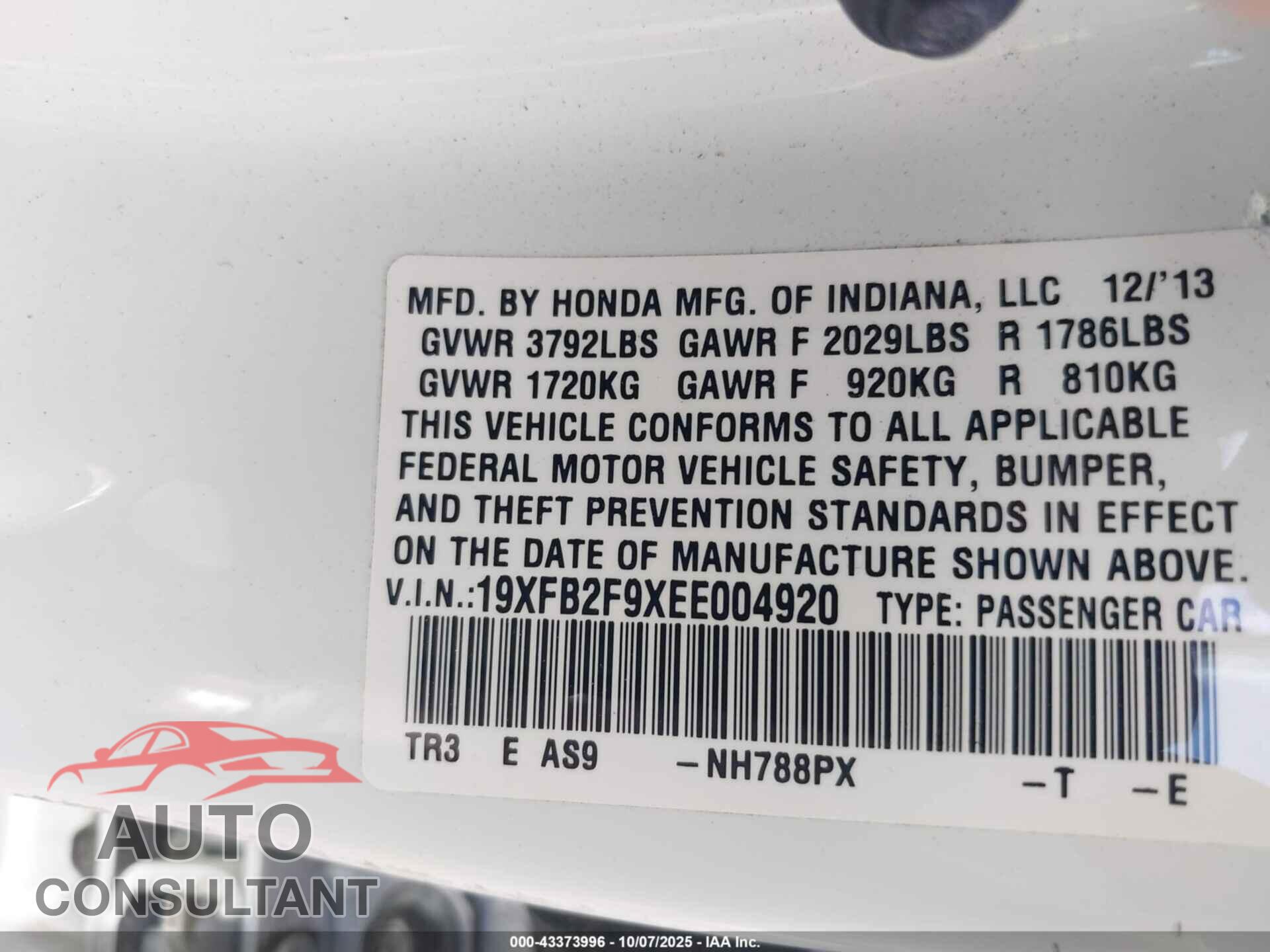 HONDA CIVIC 2014 - 19XFB2F9XEE004920