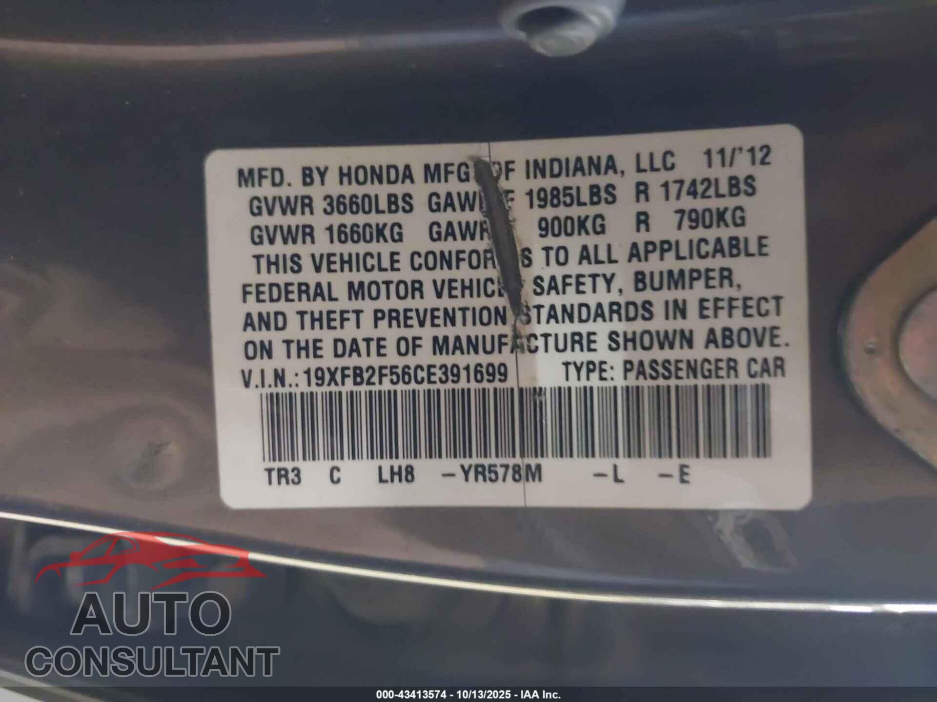 HONDA CIVIC 2012 - 19XFB2F56CE391699