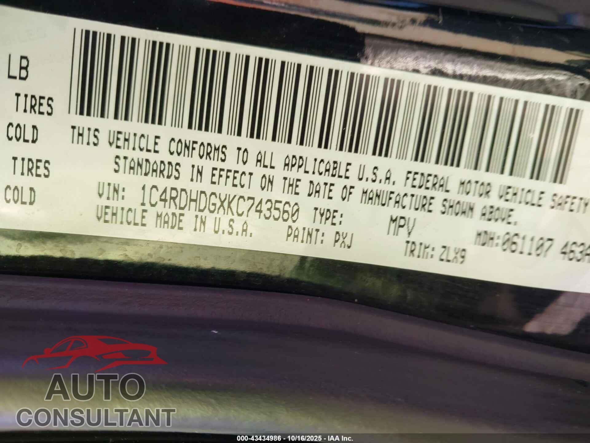 DODGE DURANGO 2019 - 1C4RDHDGXKC743560