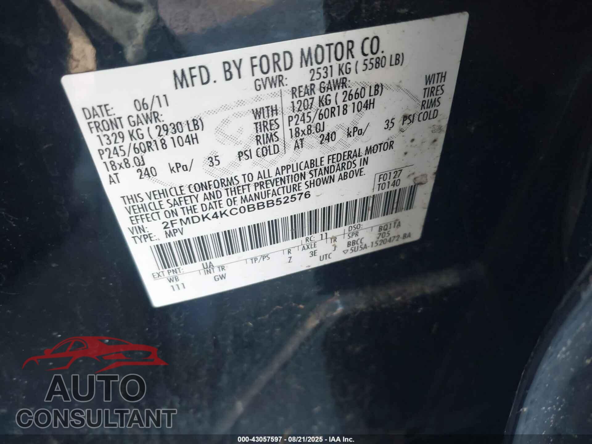 FORD EDGE 2011 - 2FMDK4KC0BBB52576