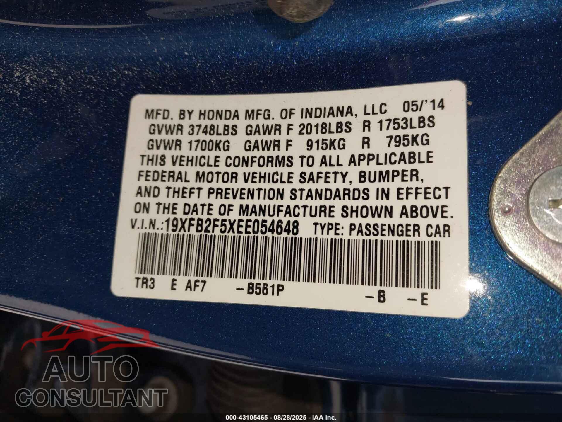 HONDA CIVIC 2014 - 19XFB2F5XEE054648