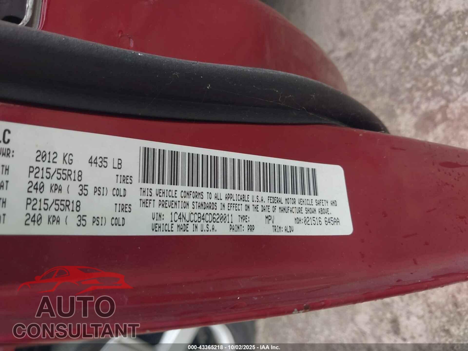 JEEP COMPASS 2012 - 1C4NJCCB4CD620011