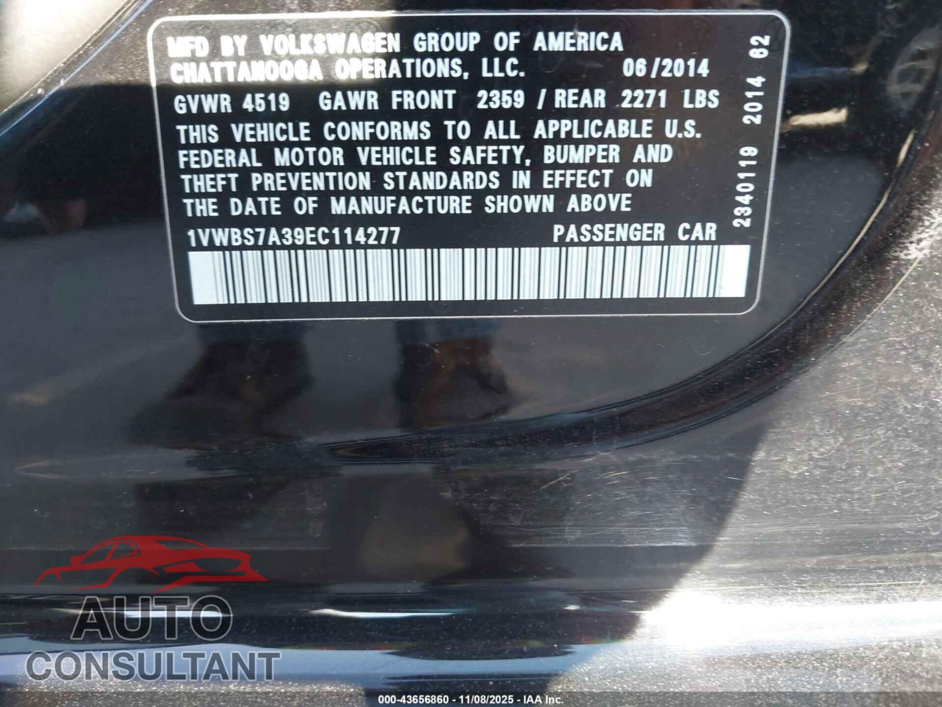 VOLKSWAGEN PASSAT 2014 - 1VWBS7A39EC114277