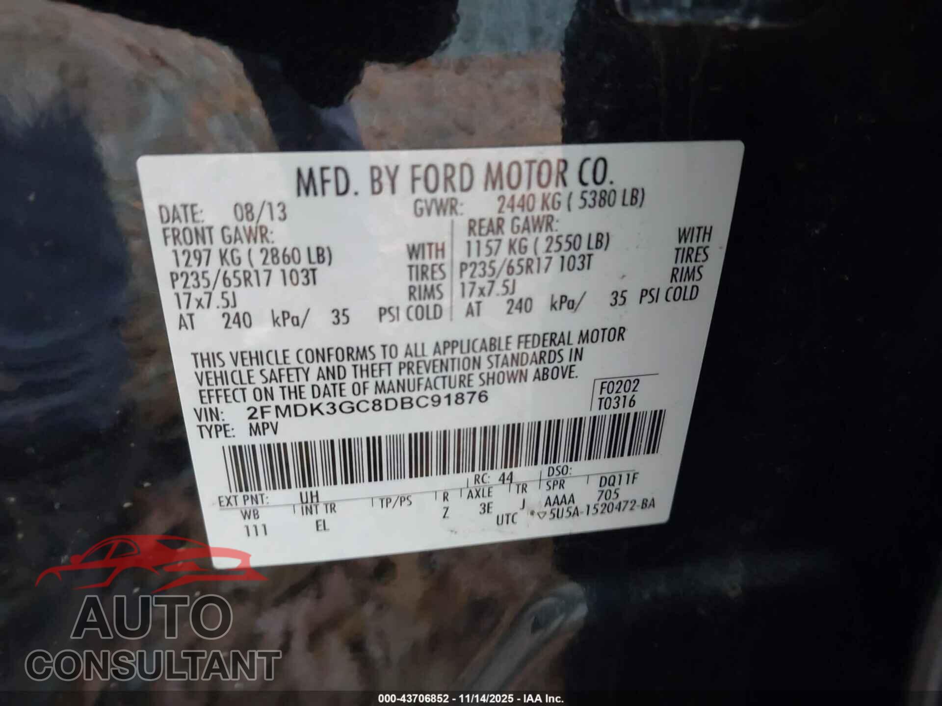 FORD EDGE 2013 - 2FMDK3GC8DBC91876