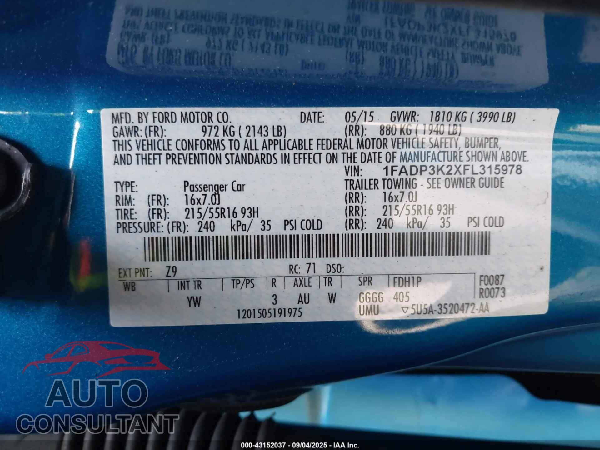 FORD FOCUS 2015 - 1FADP3K2XFL315978