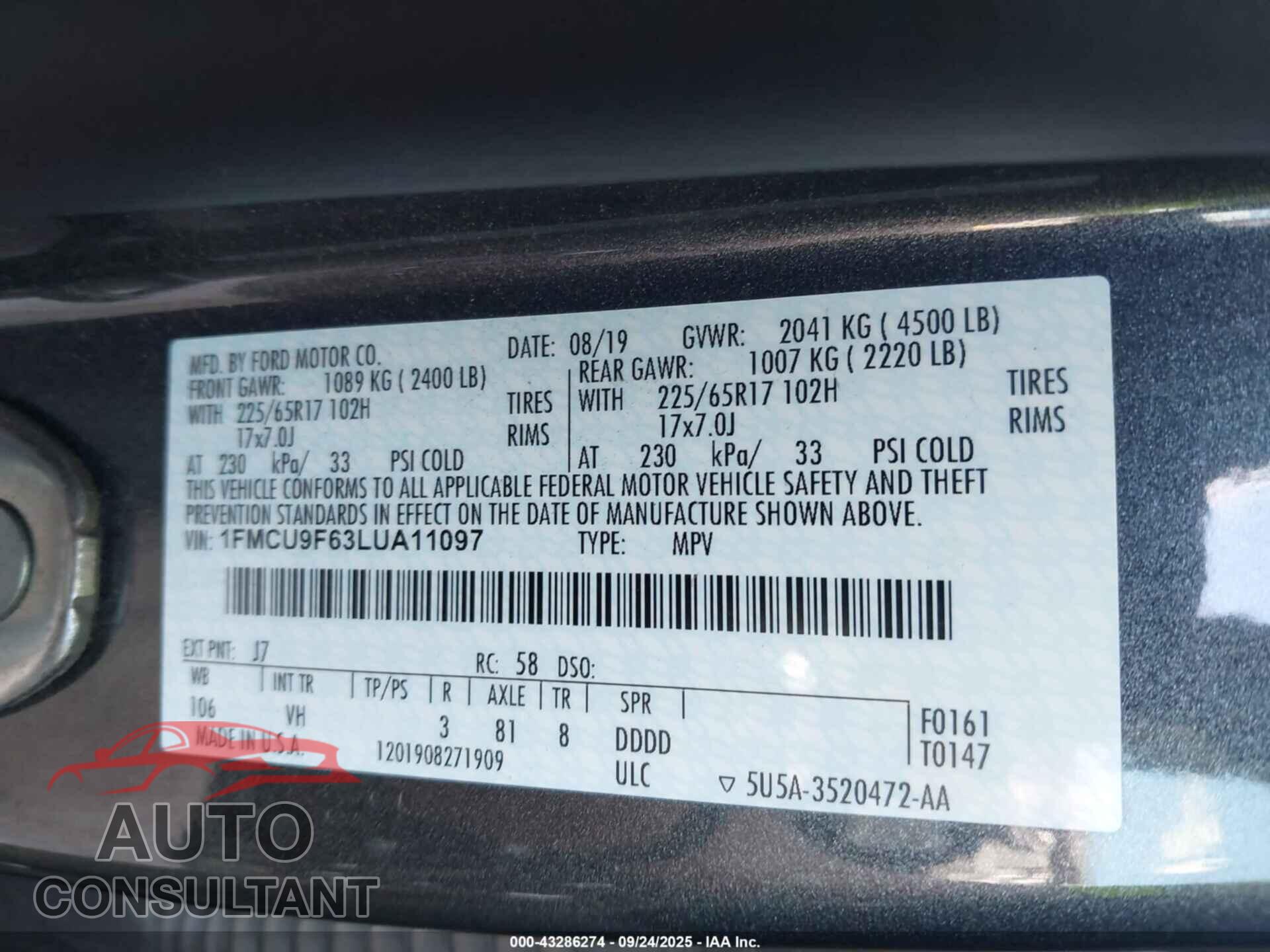 FORD ESCAPE 2020 - 1FMCU9F63LUA11097