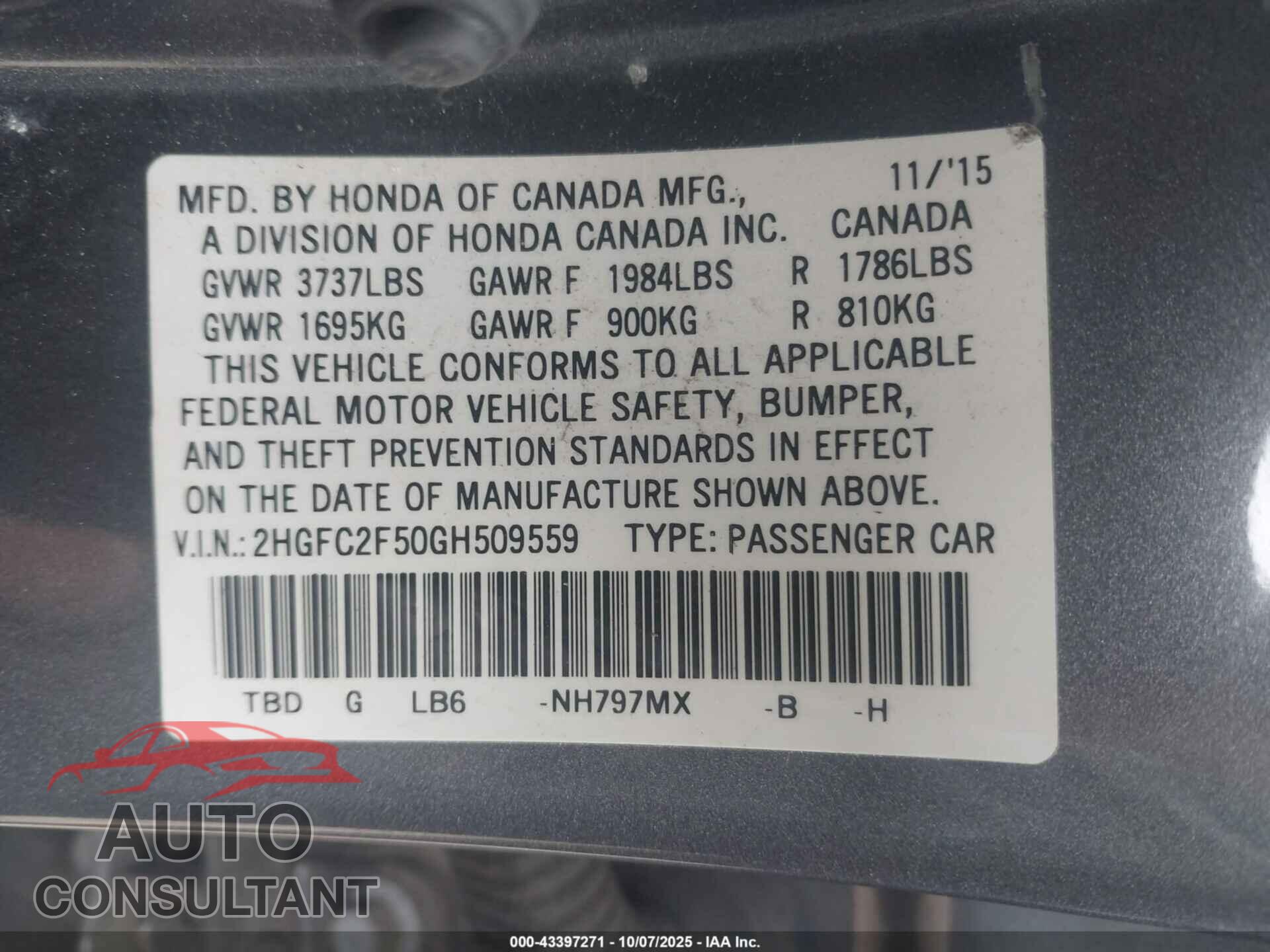 HONDA CIVIC 2016 - 2HGFC2F50GH509559