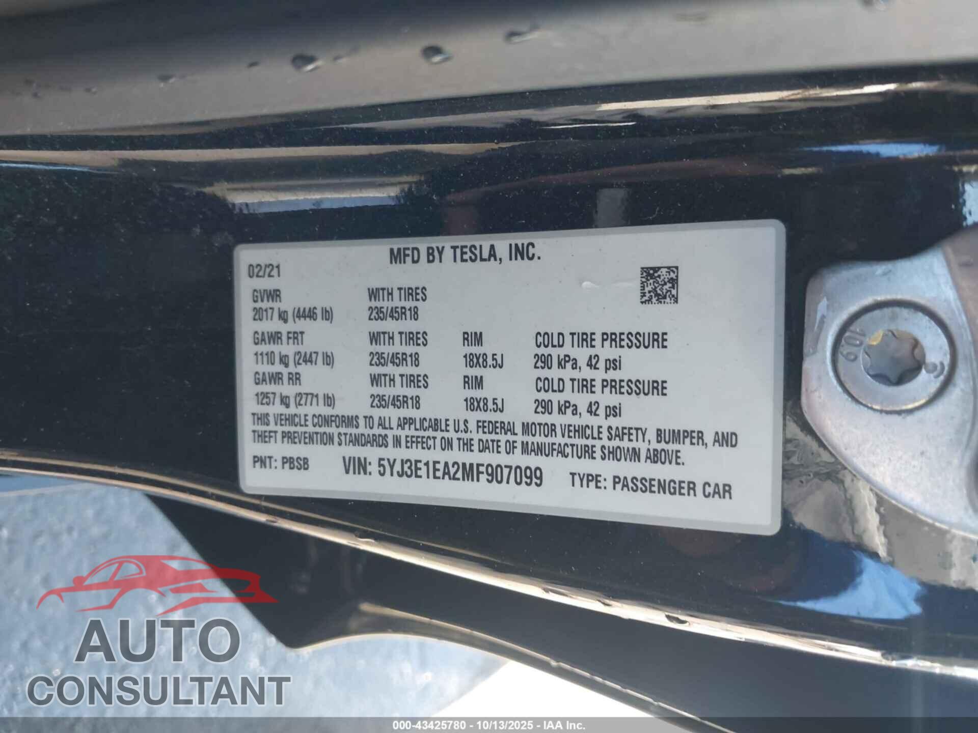 TESLA MODEL 3 2021 - 5YJ3E1EA2MF907099
