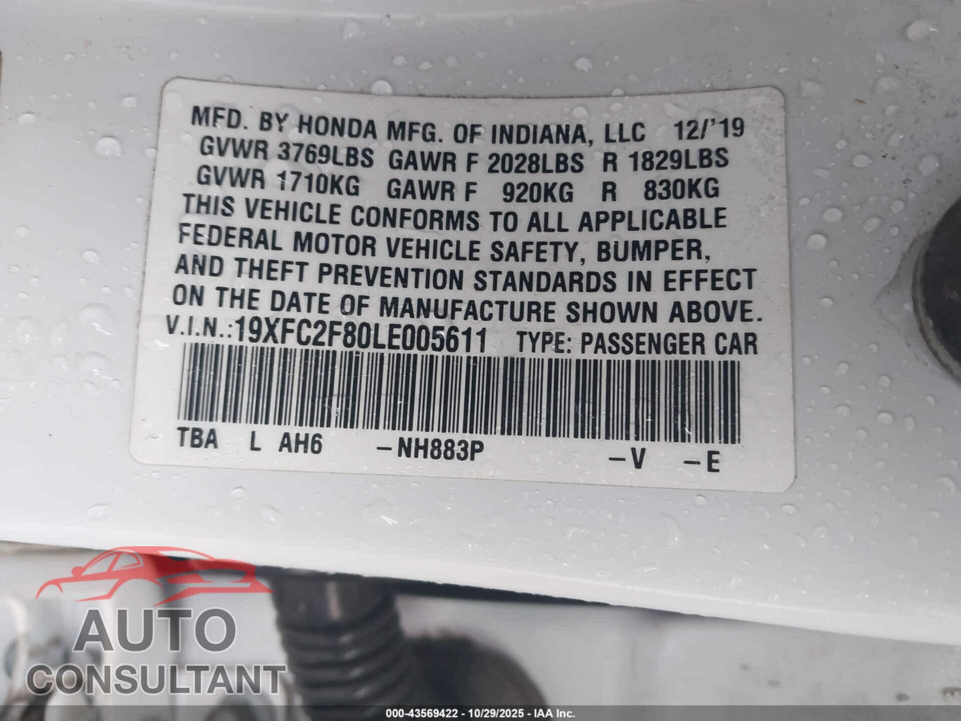 HONDA CIVIC 2020 - 19XFC2F80LE005611