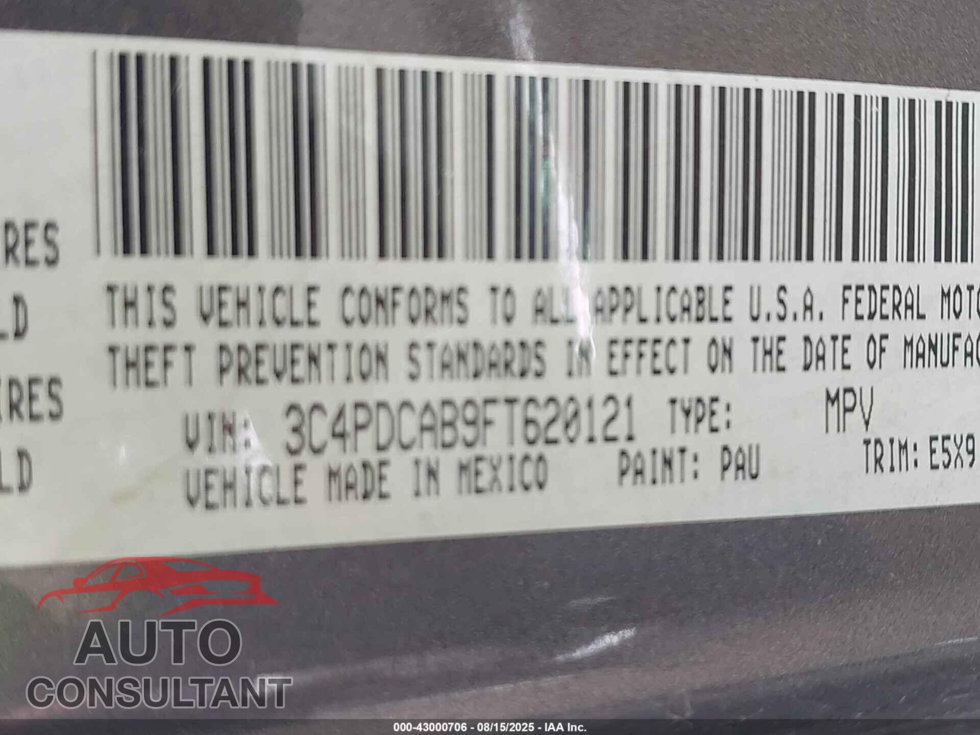 DODGE JOURNEY 2015 - 3C4PDCAB9FT620121