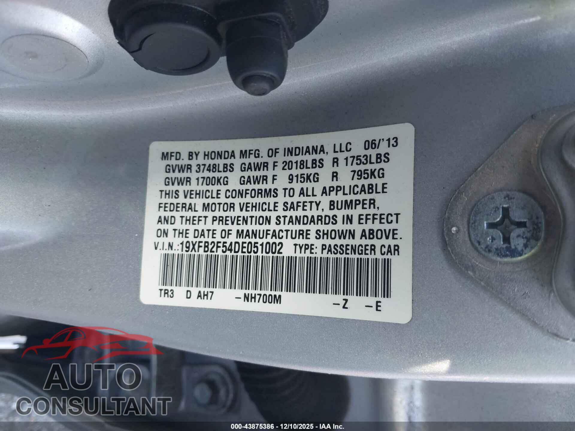 HONDA CIVIC 2013 - 19XFB2F54DE051002