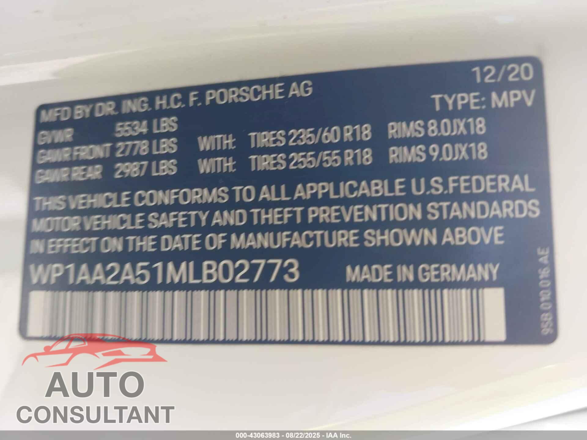 PORSCHE MACAN 2021 - WP1AA2A51MLB02773