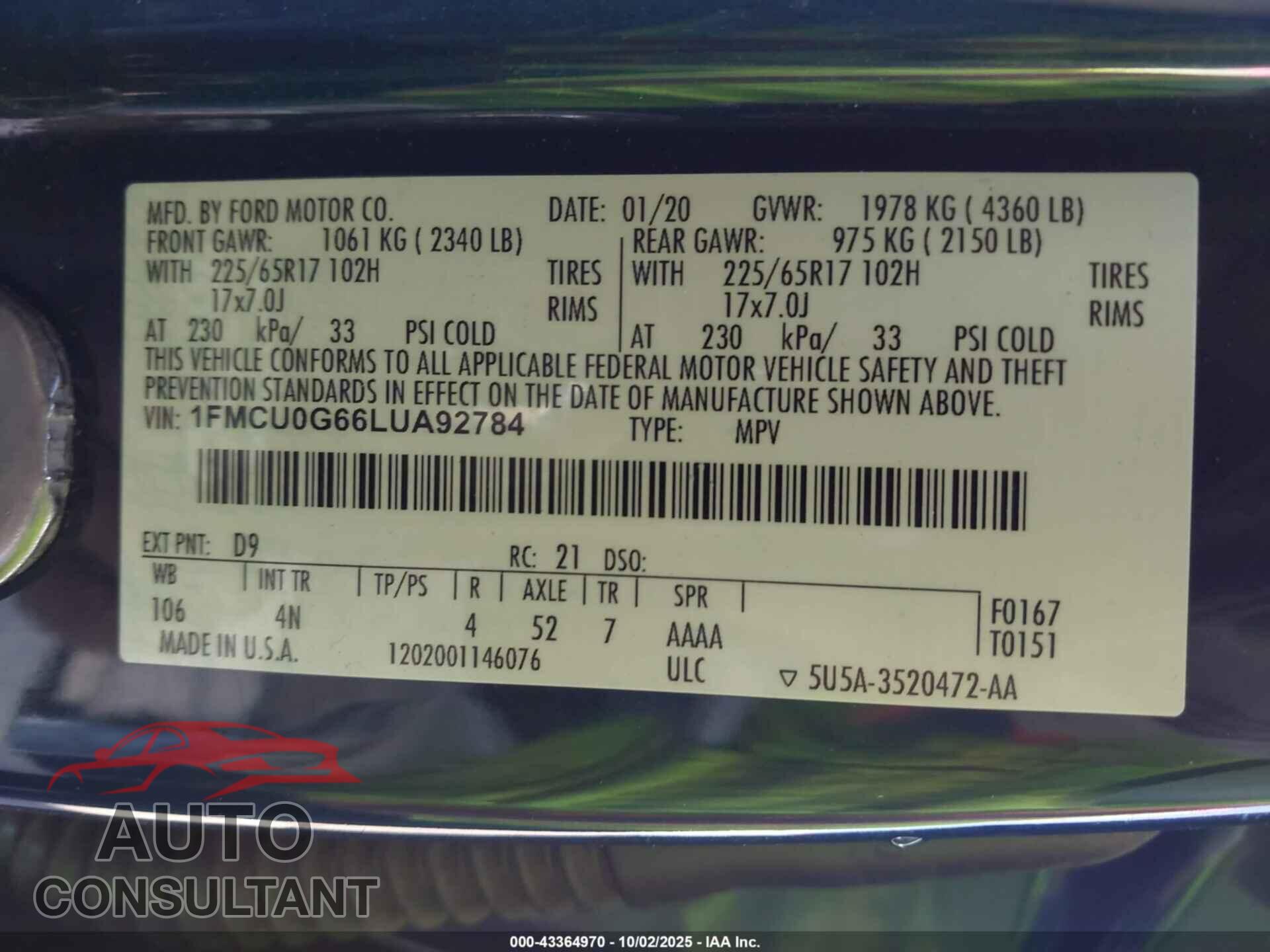 FORD ESCAPE 2020 - 1FMCU0G66LUA92784