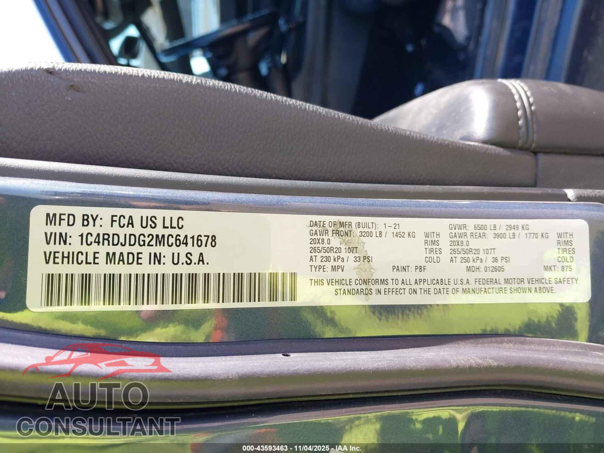 DODGE DURANGO 2021 - 1C4RDJDG2MC641678