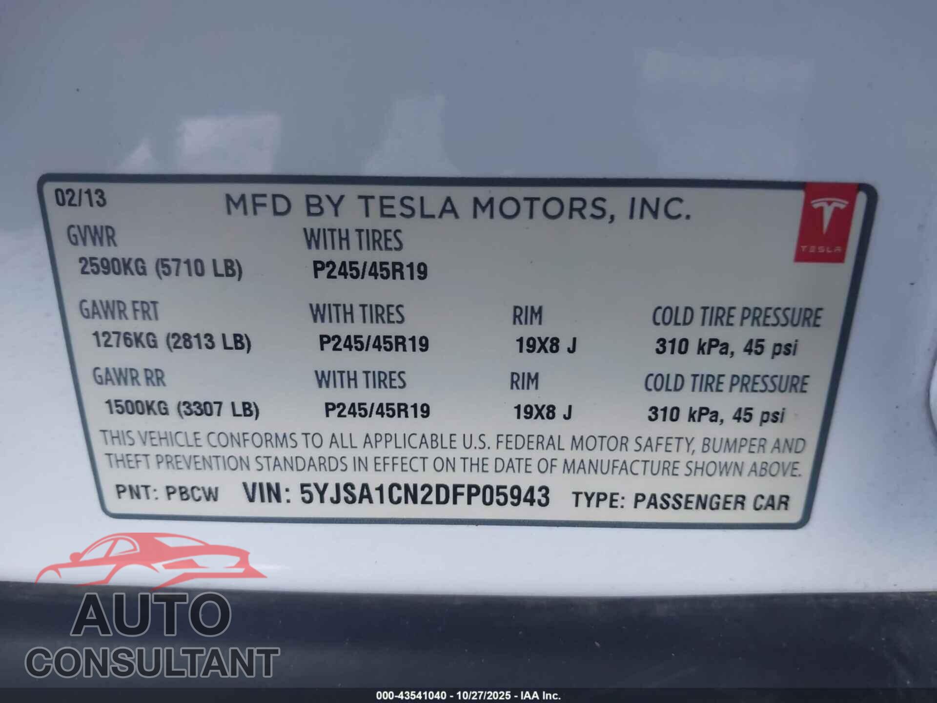 TESLA MODEL S 2013 - 5YJSA1CN2DFP05943