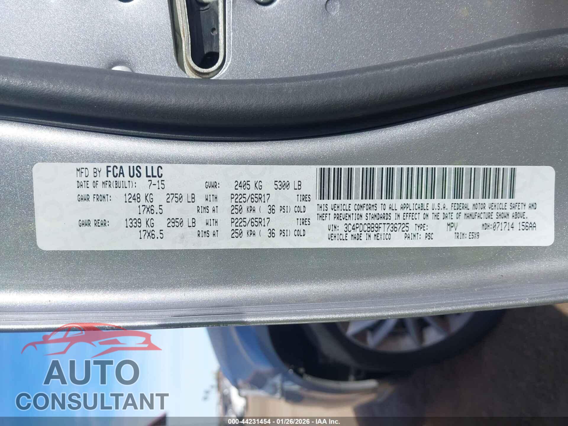 DODGE JOURNEY 2015 - 3C4PDCBB9FT736725