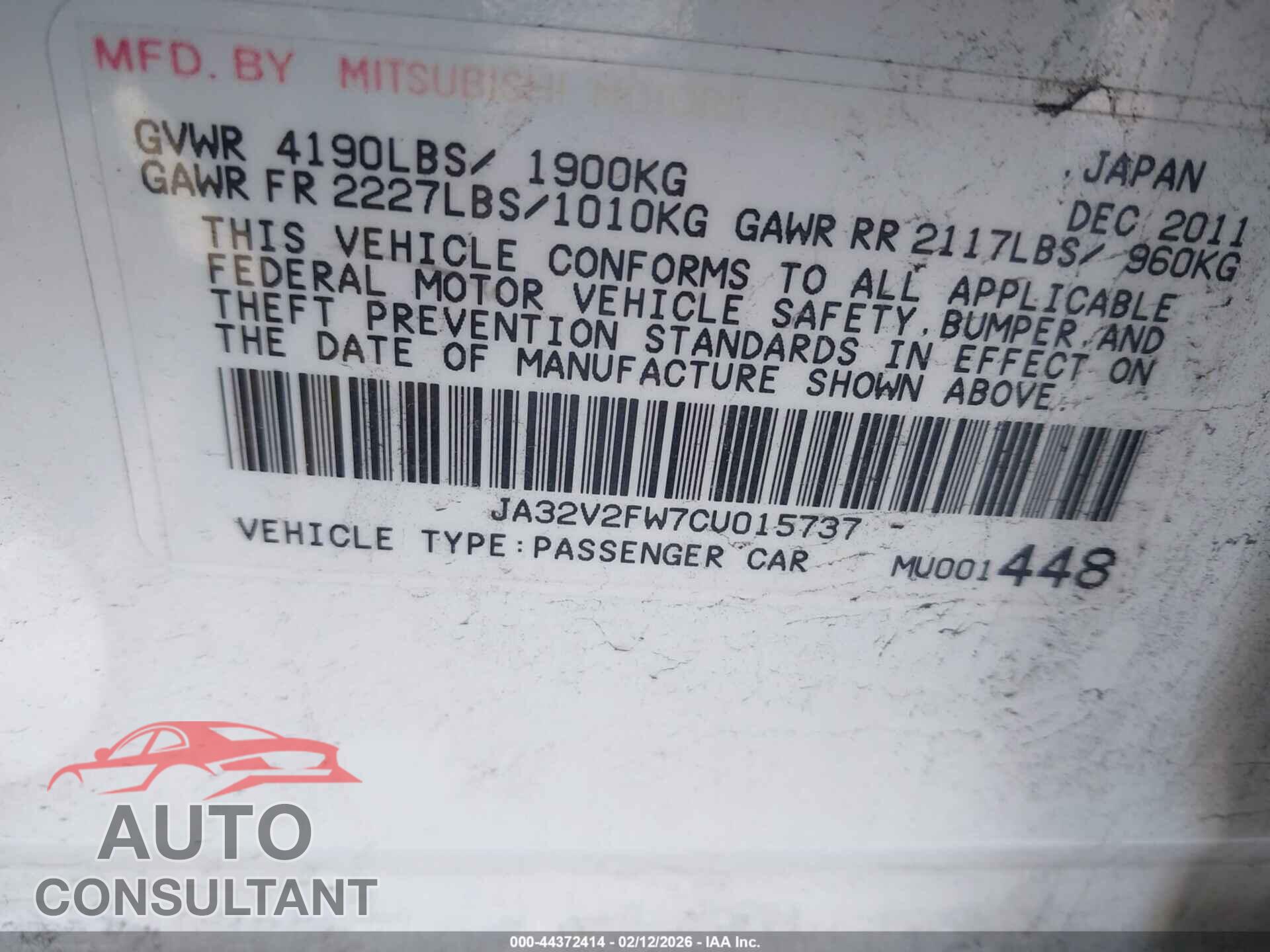 MITSUBISHI LANCER 2012 - JA32V2FW7CU015737