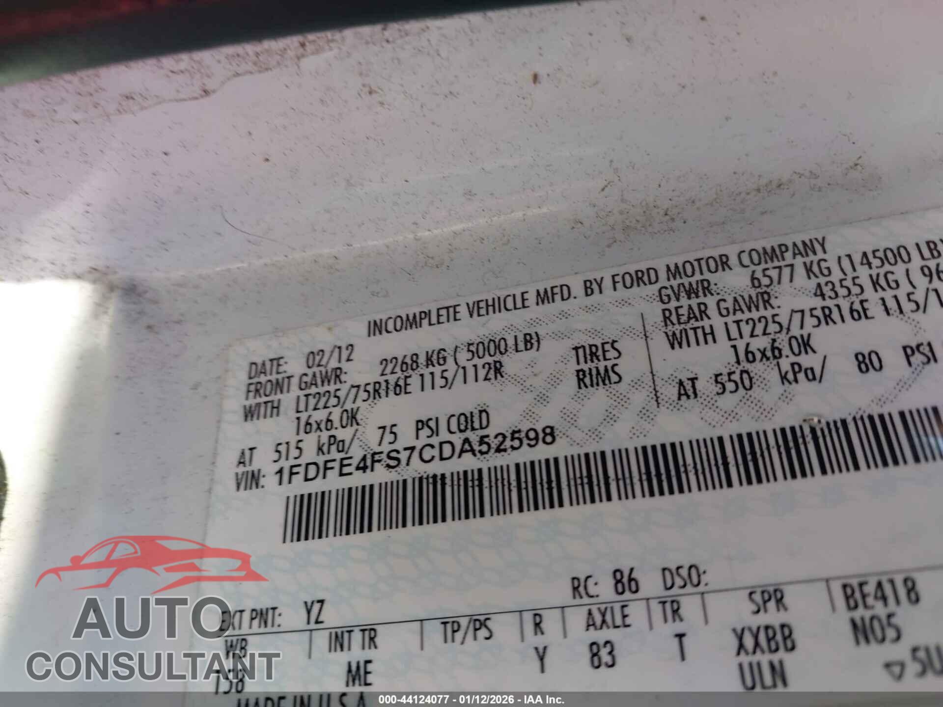 FORD E-450 CUTAWAY 2012 - 1FDFE4FS7CDA52598