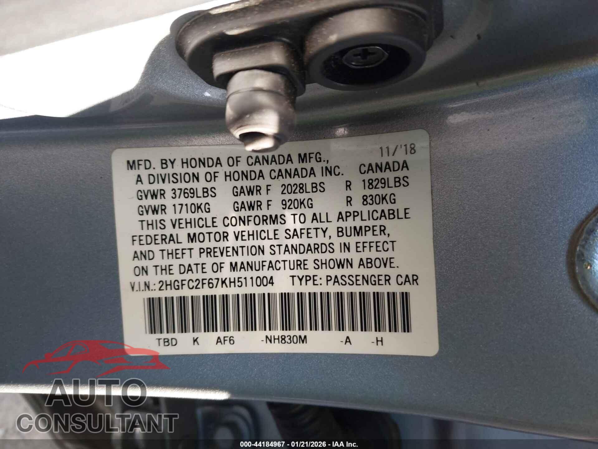 HONDA CIVIC 2019 - 2HGFC2F67KH511004