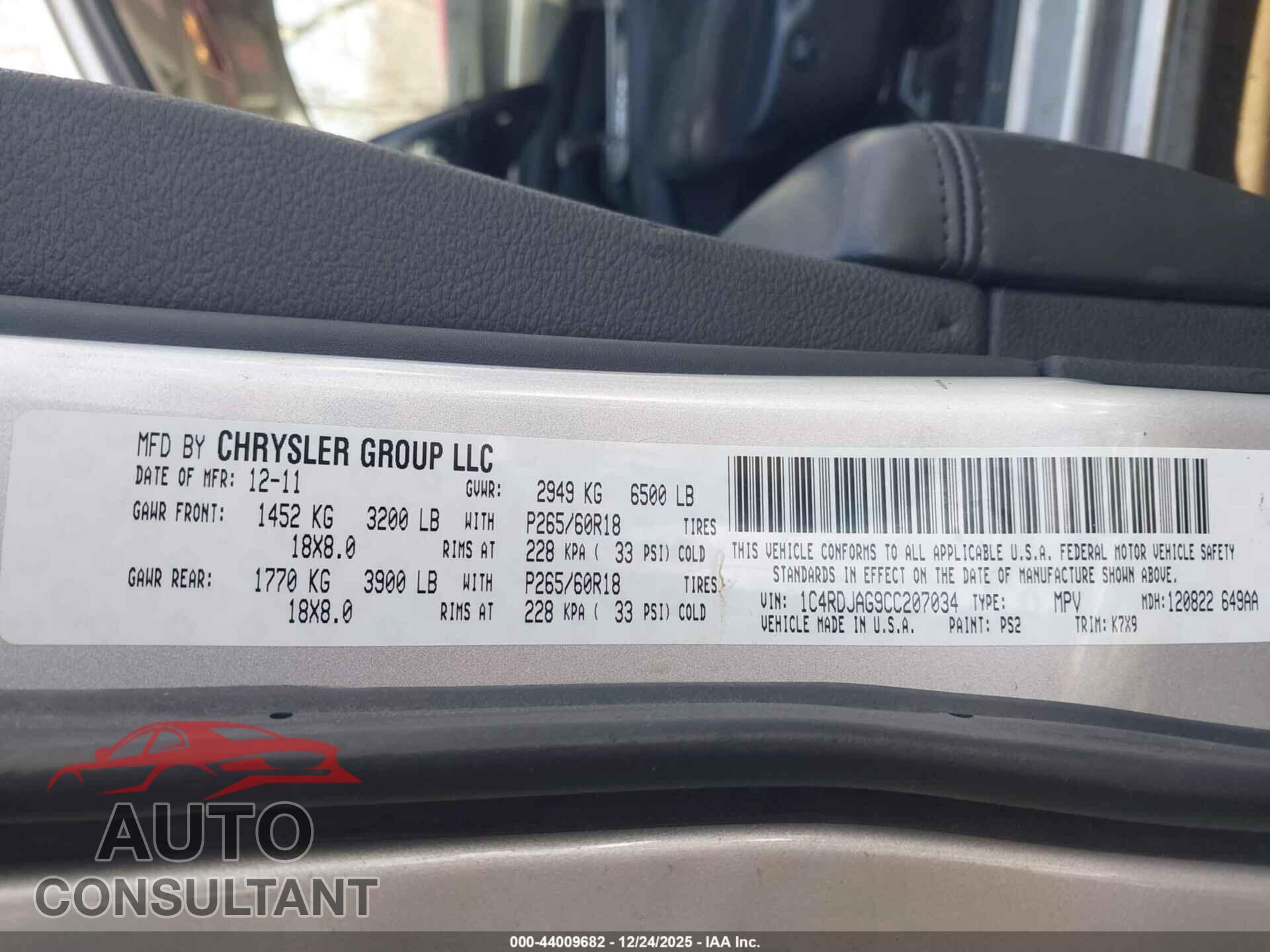 DODGE DURANGO 2012 - 1C4RDJAG9CC207034