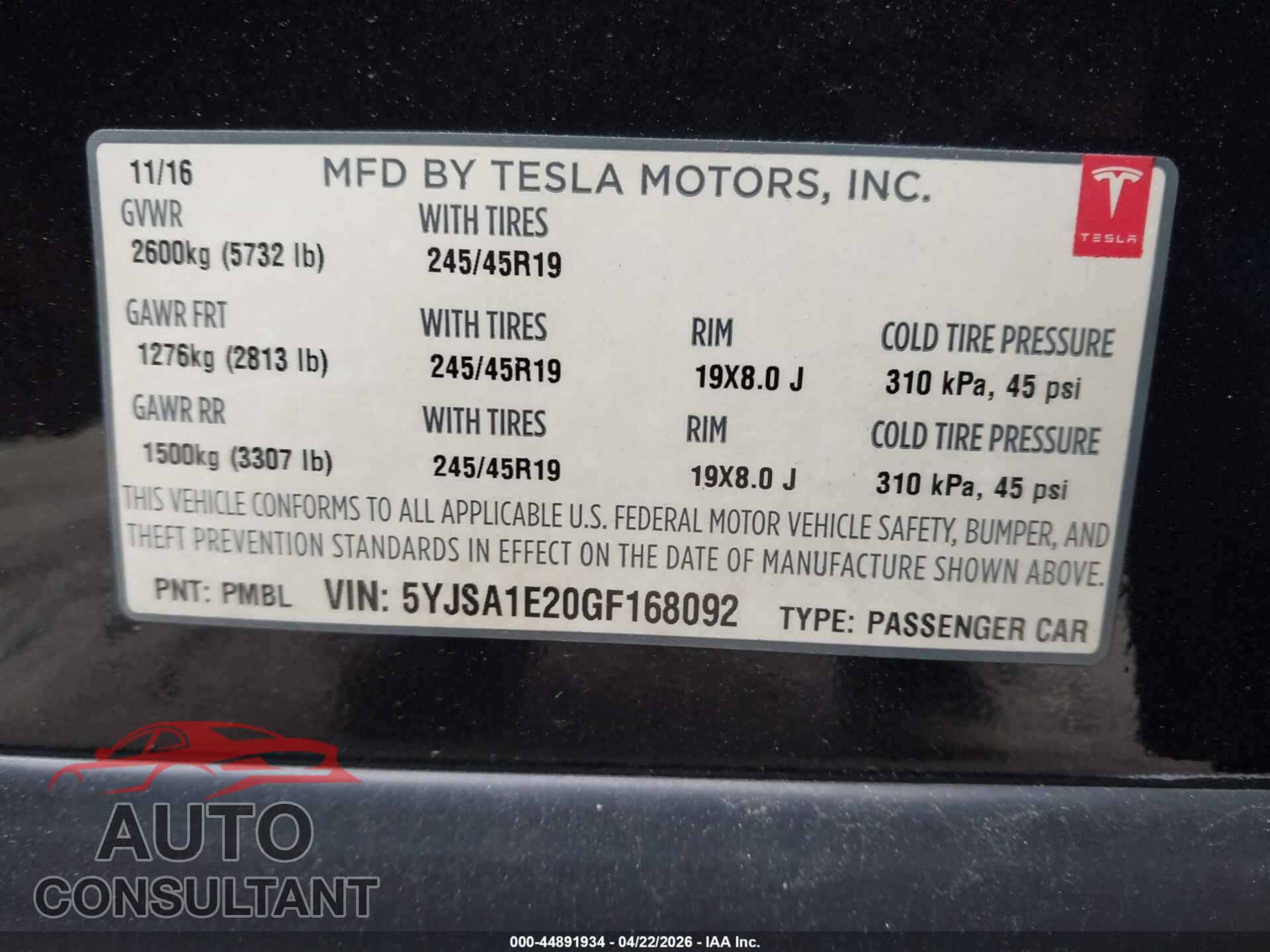 TESLA MODEL S 2016 - 5YJSA1E20GF168092